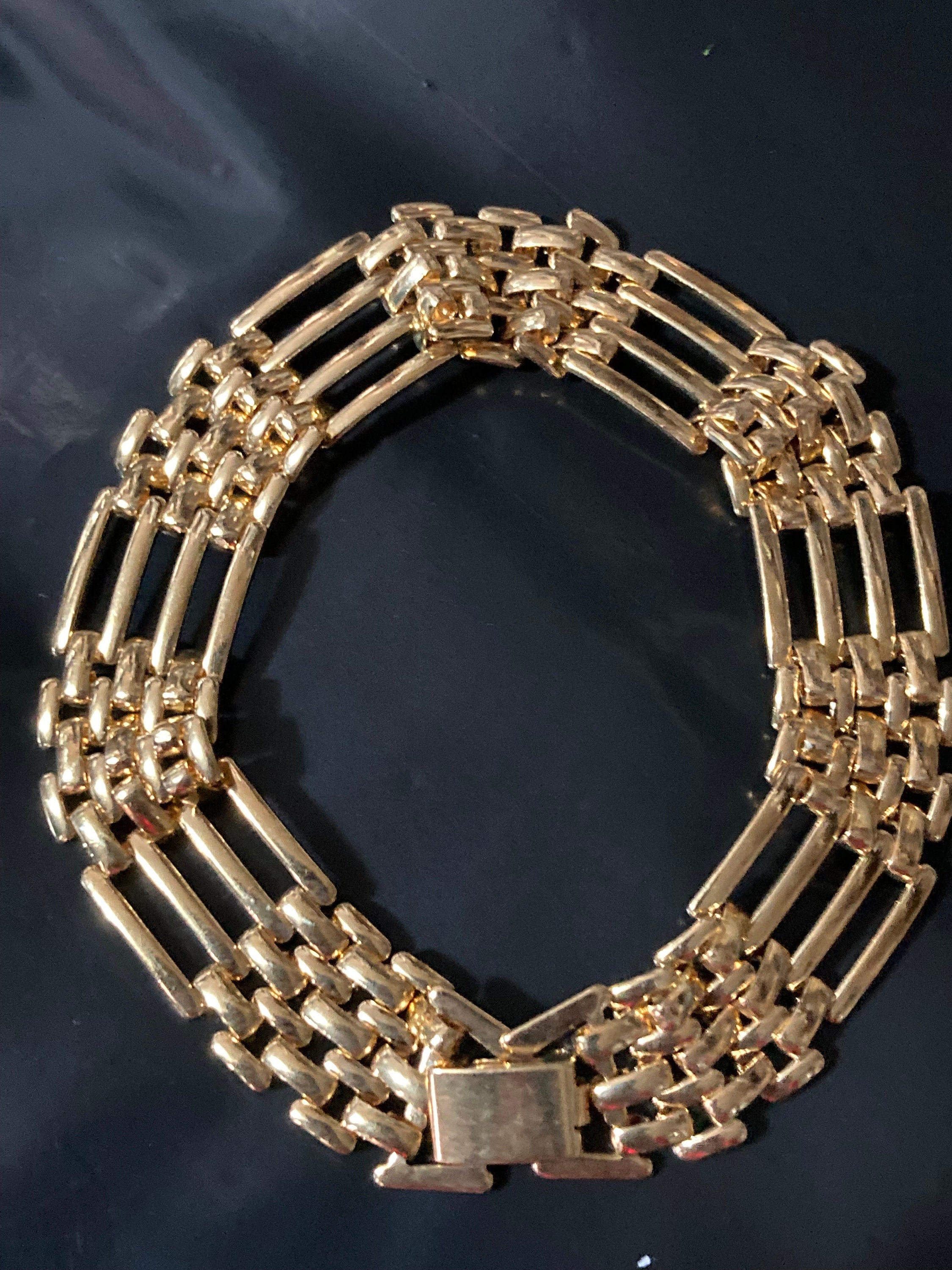 True vintage pristine 1980s gold tone plain bar link panther brick chain bracelet 20.5cm
