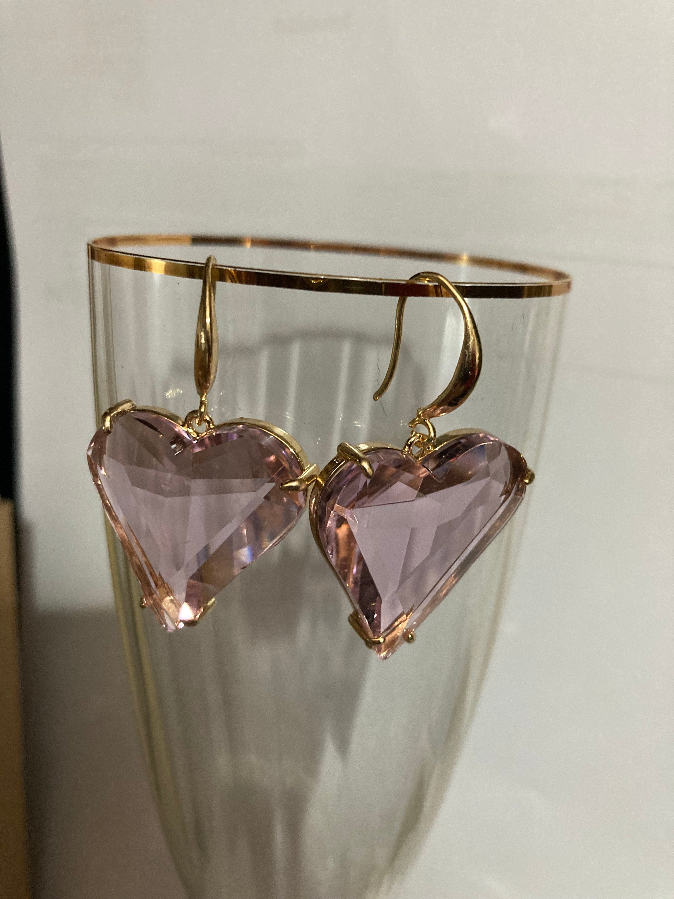 Oversized 18k gold plated pink love heart glass crystal drop charm earrings
