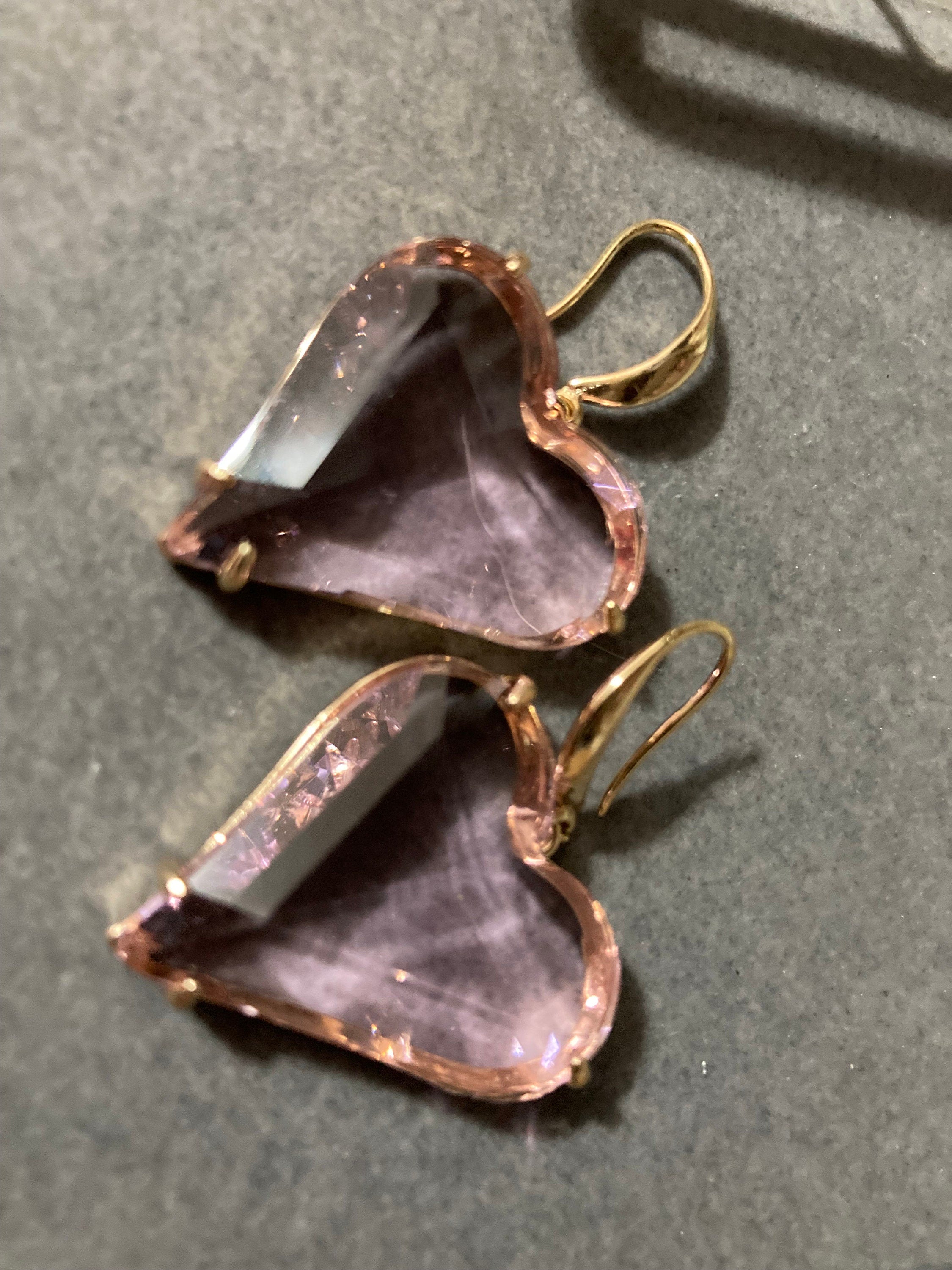 Oversized 18k gold plated pink love heart glass crystal drop charm earrings