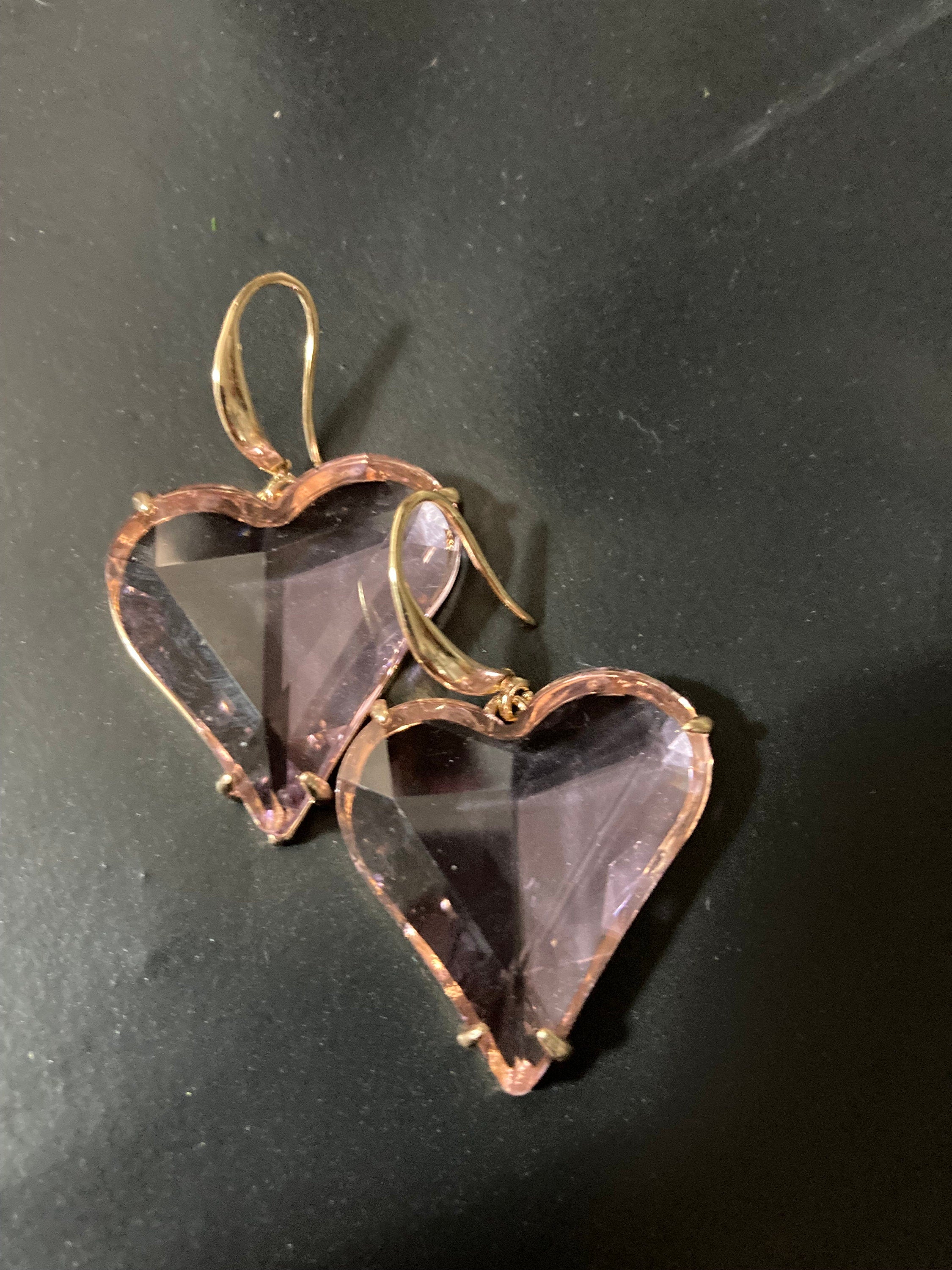 Oversized 18k gold plated pink love heart glass crystal drop charm earrings