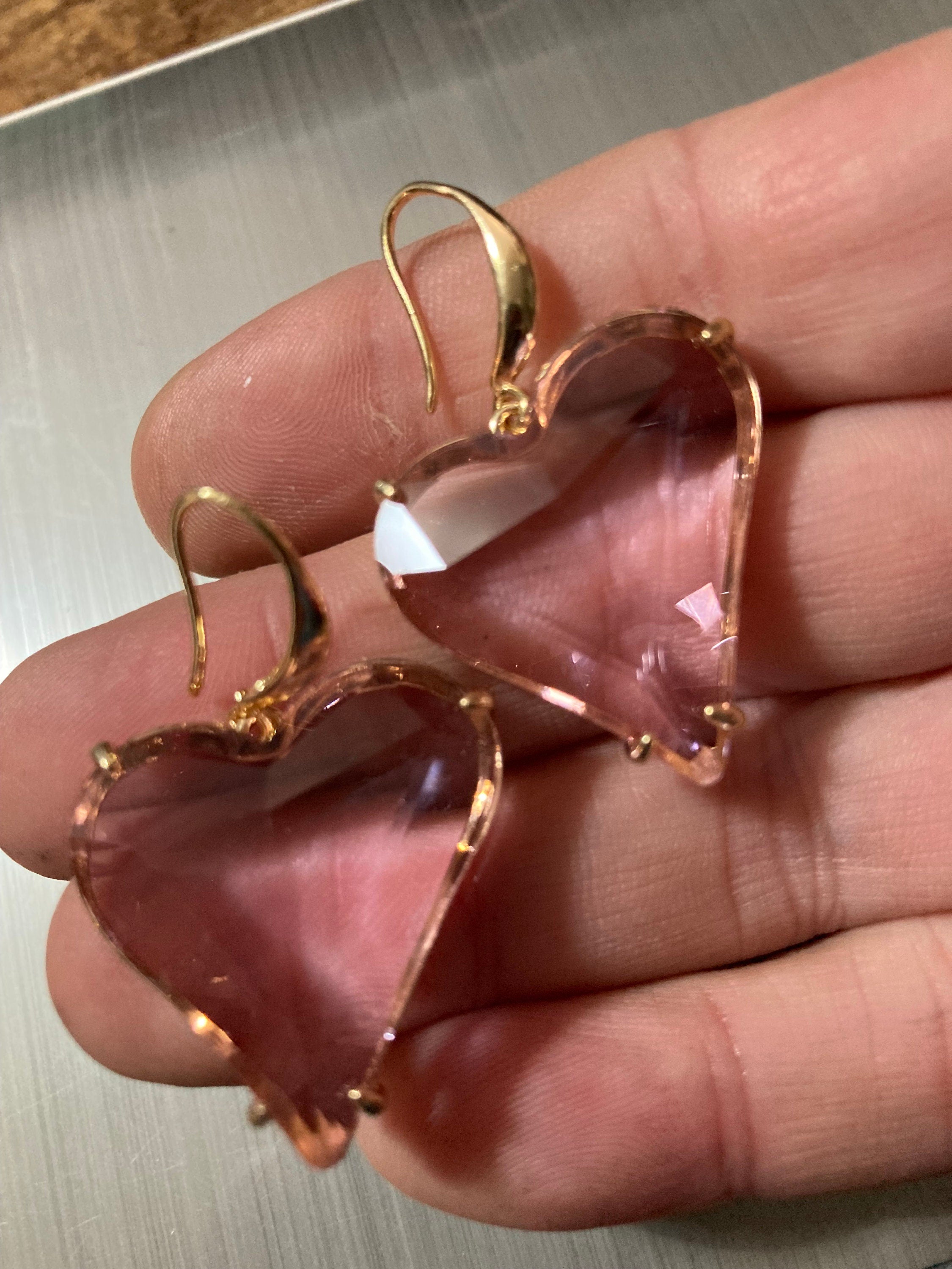Oversized 18k gold plated pink love heart glass crystal drop charm earrings