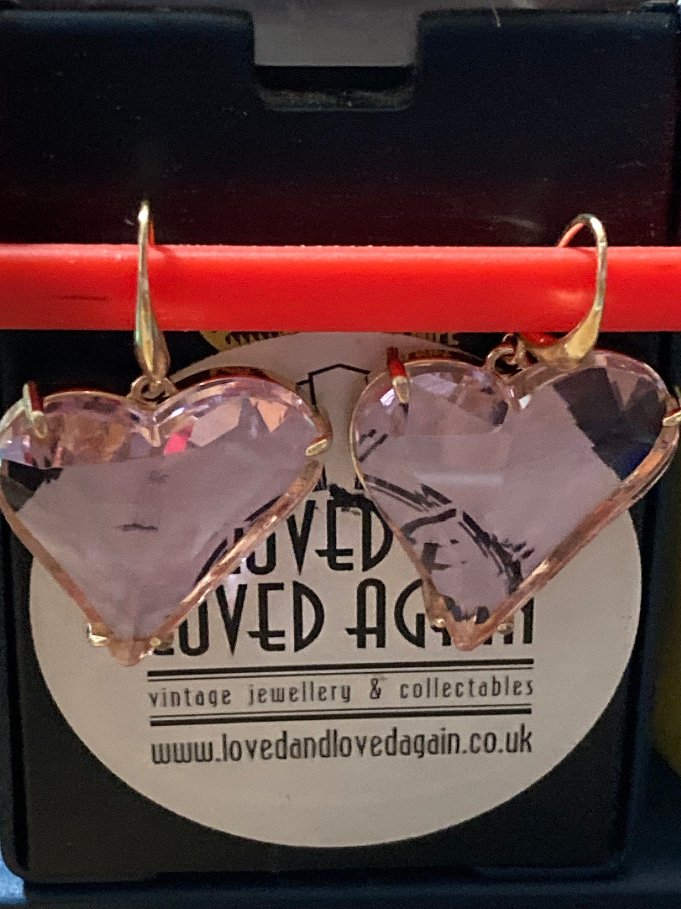 Oversized 18k gold plated pink love heart glass crystal drop charm earrings