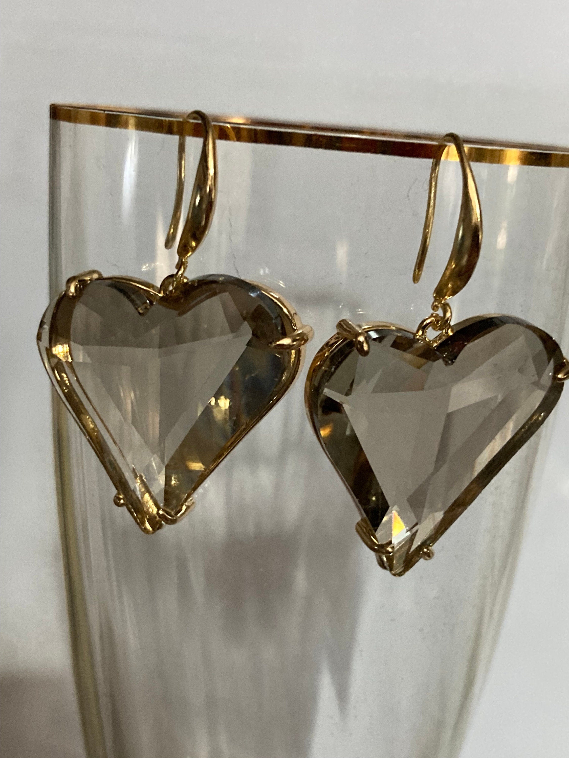 18k gold plated beige taupe brown love heart crystal drop charm earrings