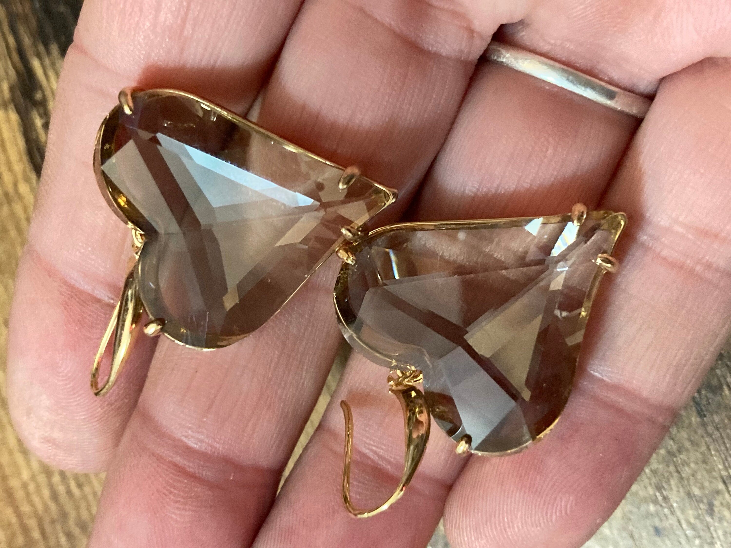 18k gold plated beige taupe brown love heart crystal drop charm earrings