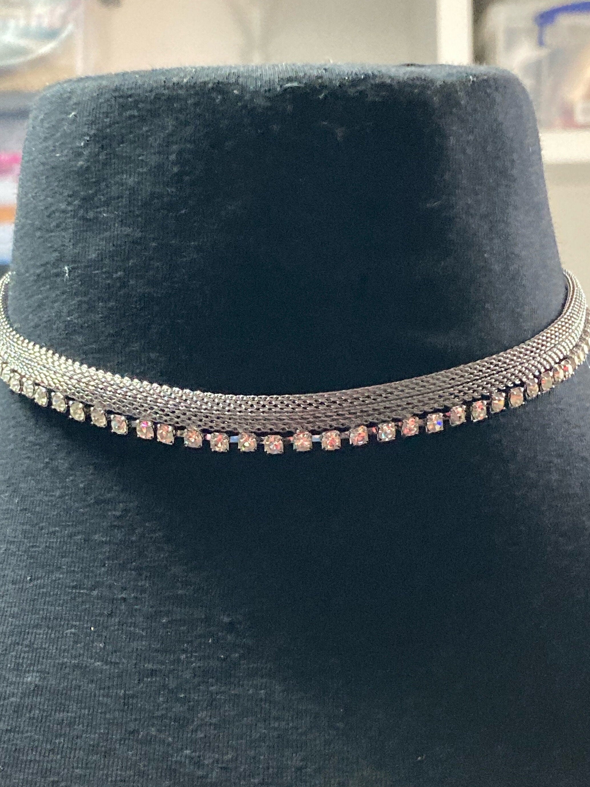 Vintage 1970s silver mesh clear rhinestone diamanté choker necklace old shop stock