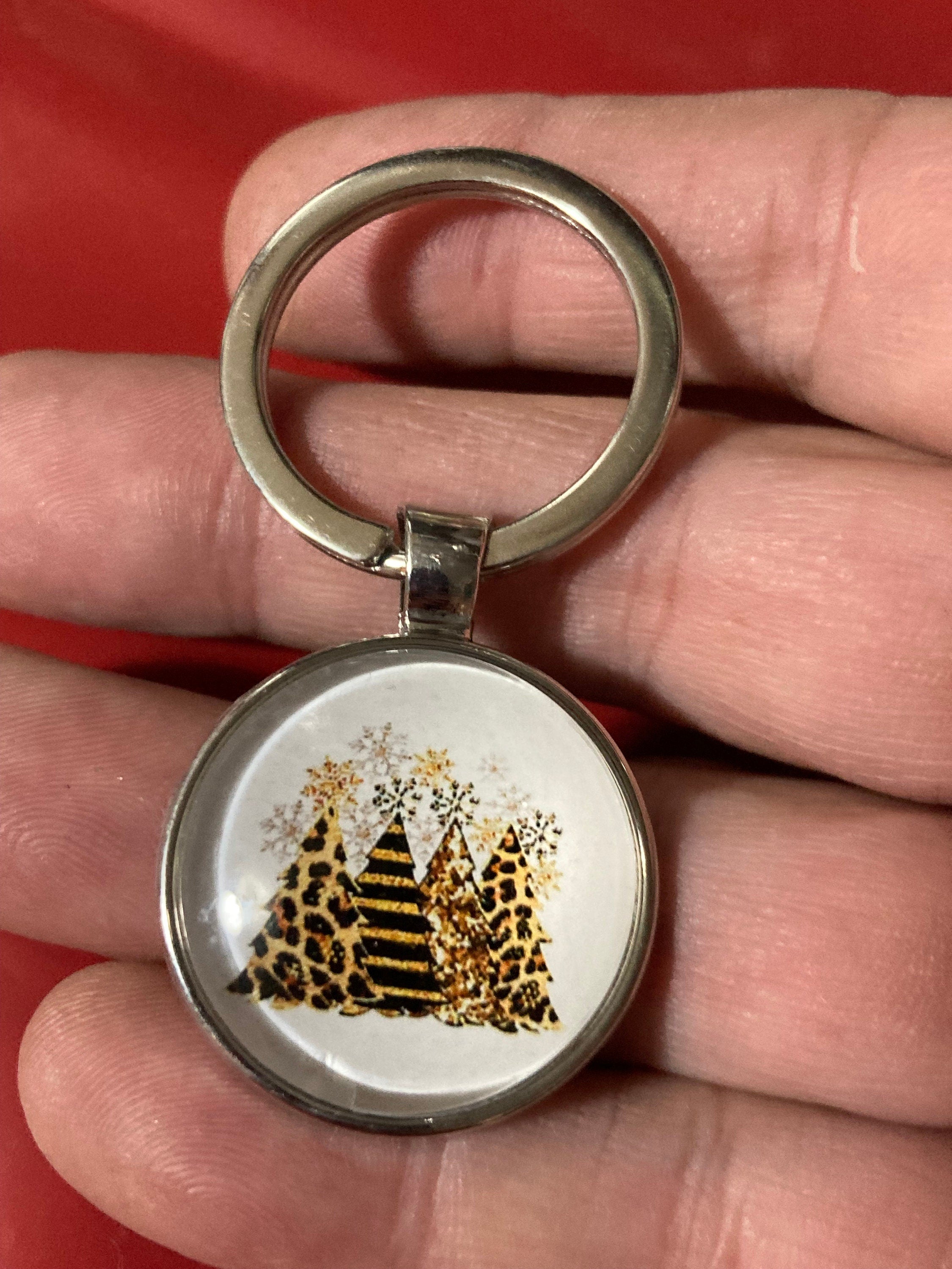 Design 3 brown leopard print Christmas trees festive keyring with 25mm glass cabochon