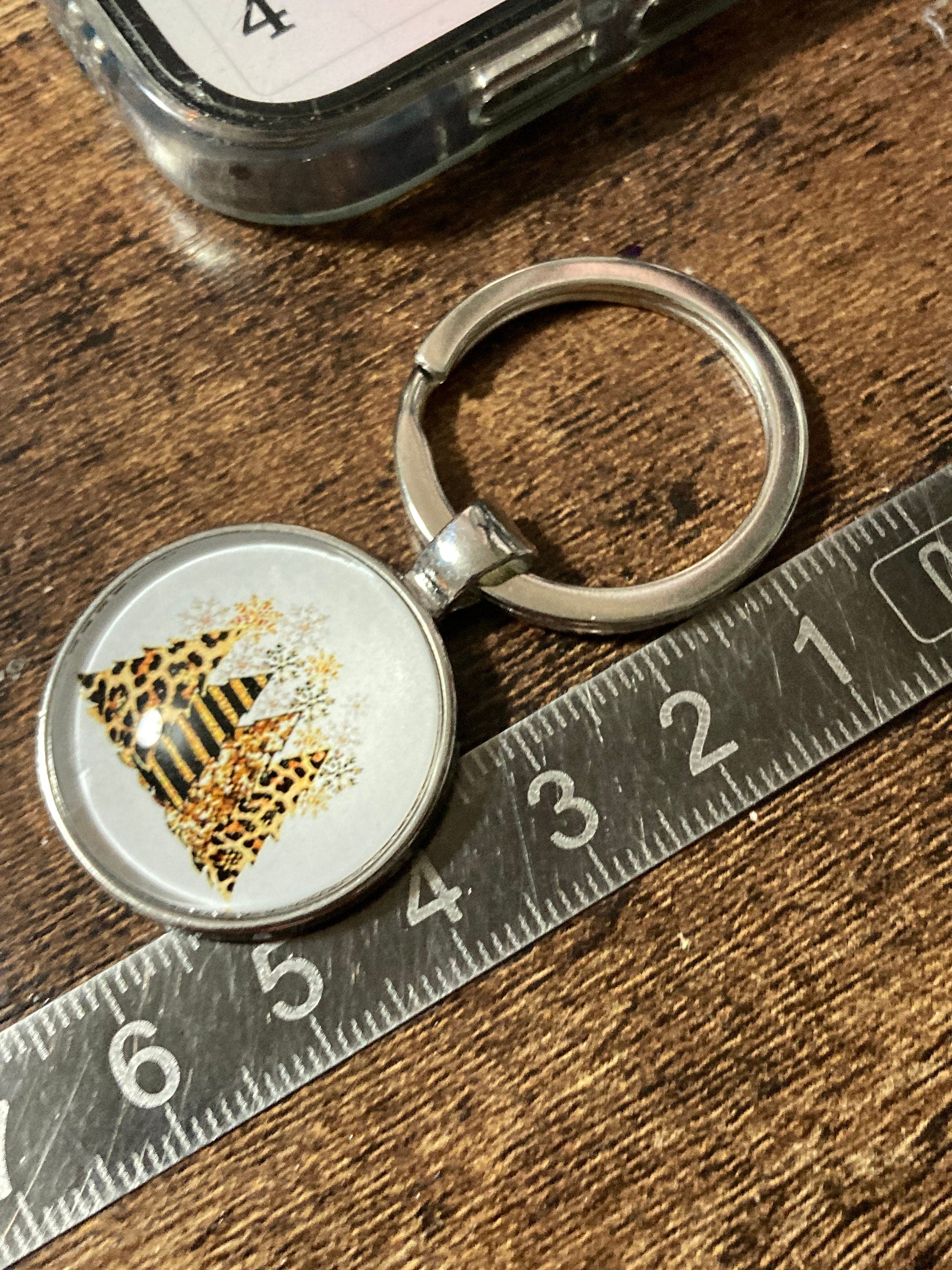 Design 3 brown leopard print Christmas trees festive keyring with 25mm glass cabochon