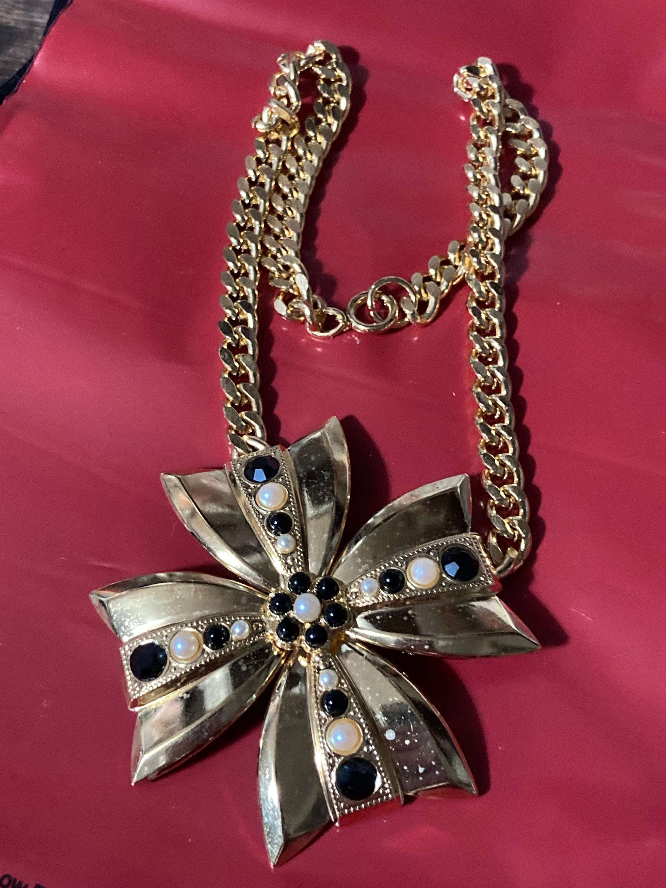 vintage gold tone oversized Maltese cross necklace set with black diamanté and faux pearls