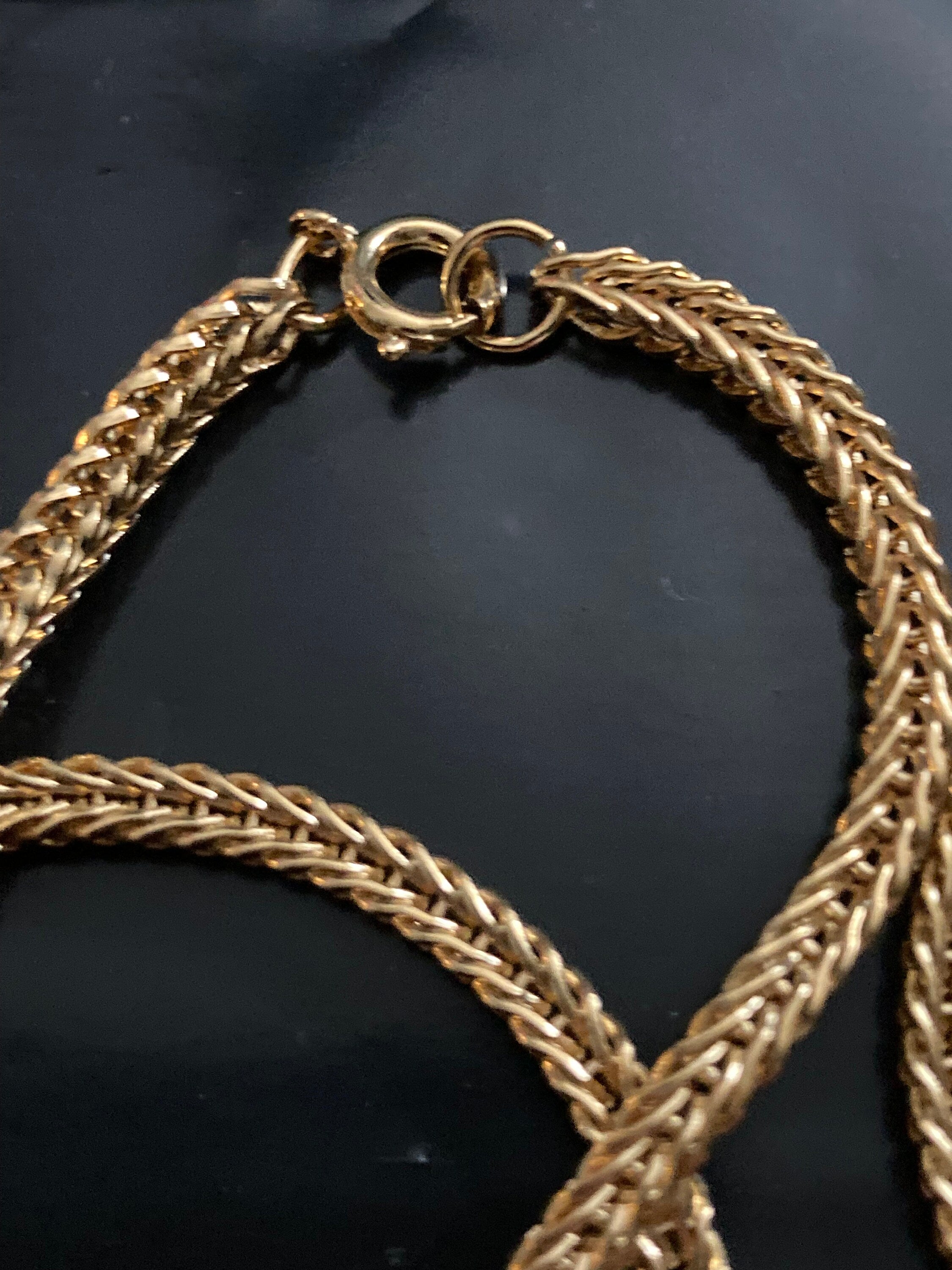 23.5” 78cm long 1980s thick gold plated woven wheat necklace