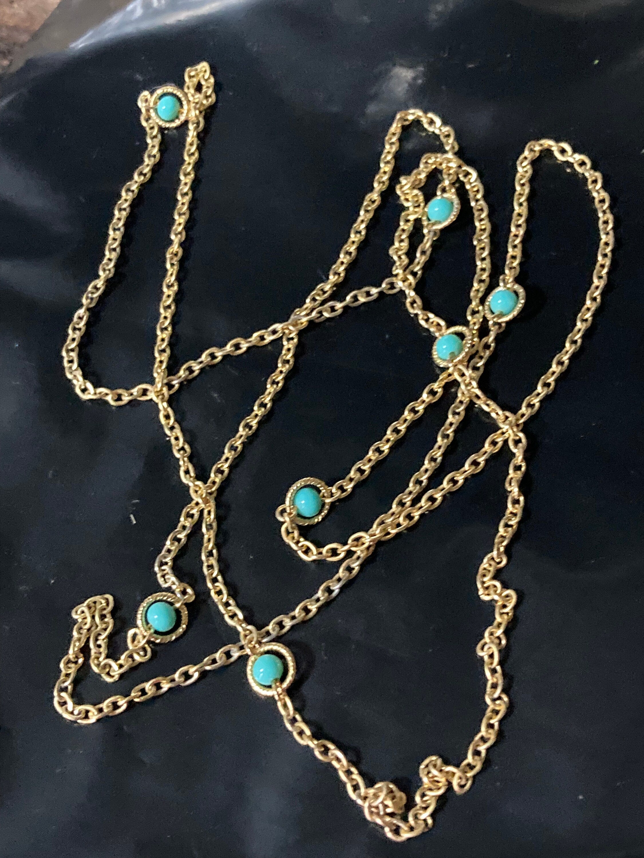 Turquoise Bead long gold chain Necklace - Layering 1980s