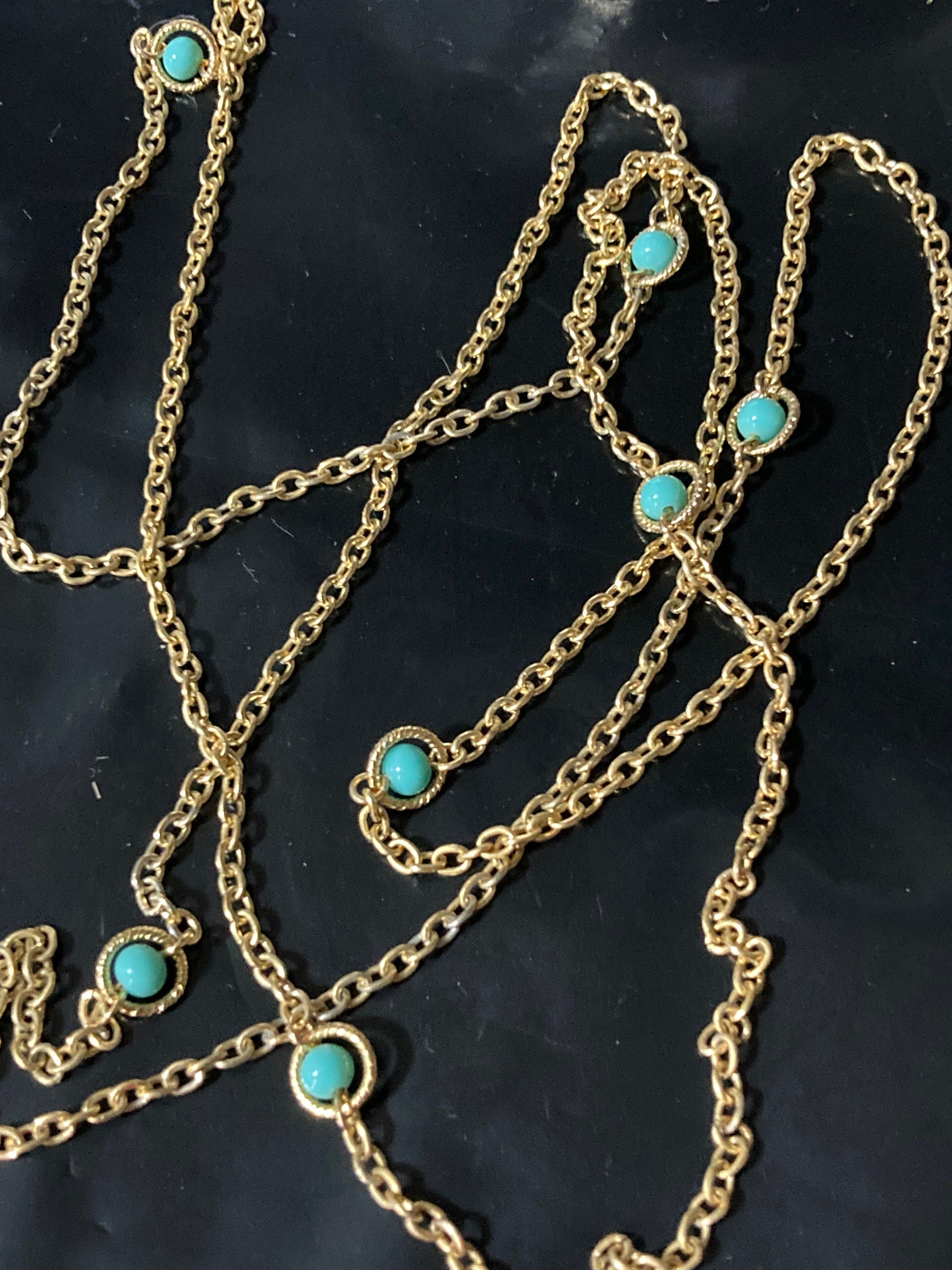 Turquoise Bead long gold chain Necklace - Layering 1980s