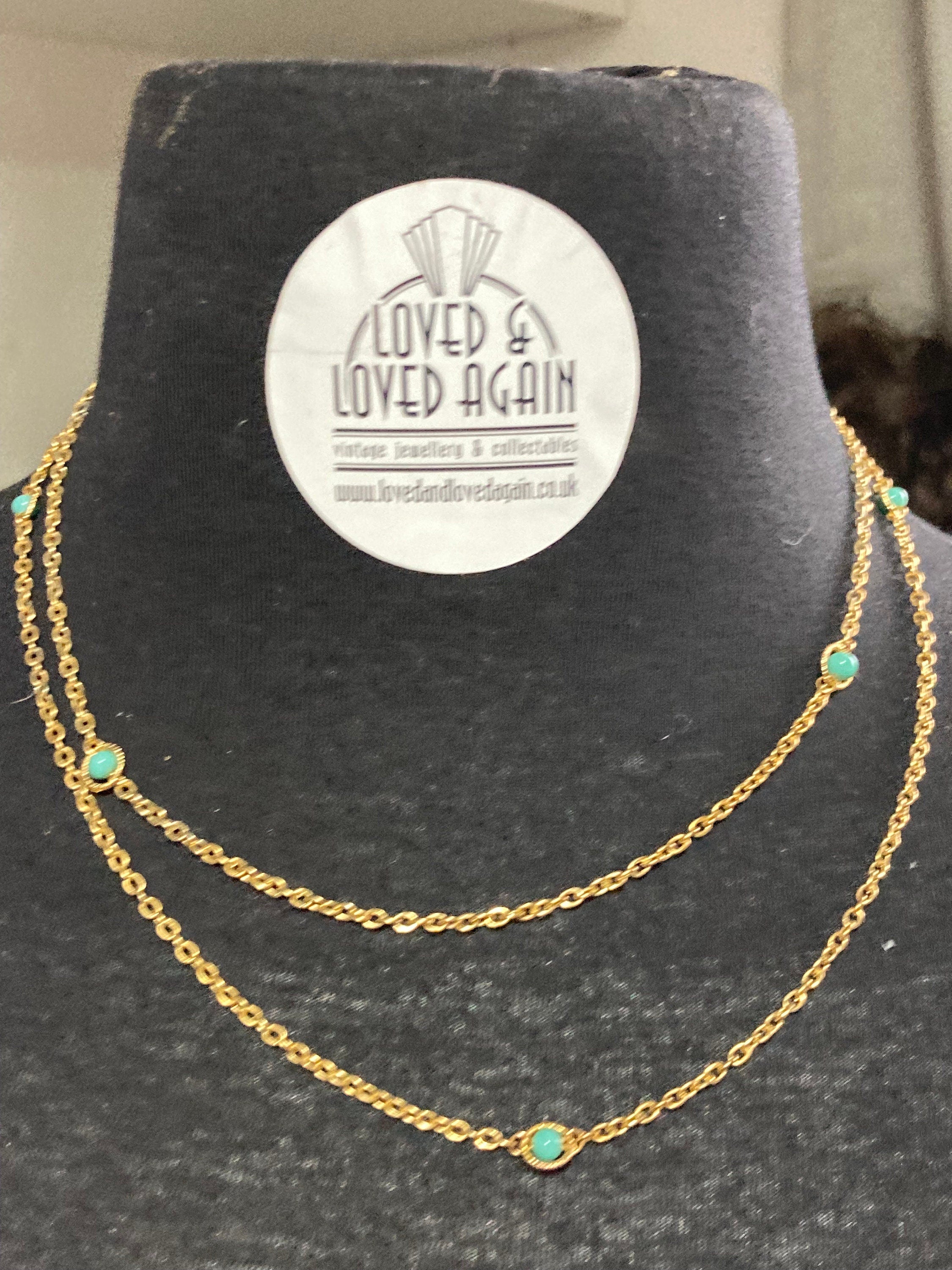 Turquoise Bead long gold chain Necklace - Layering 1980s