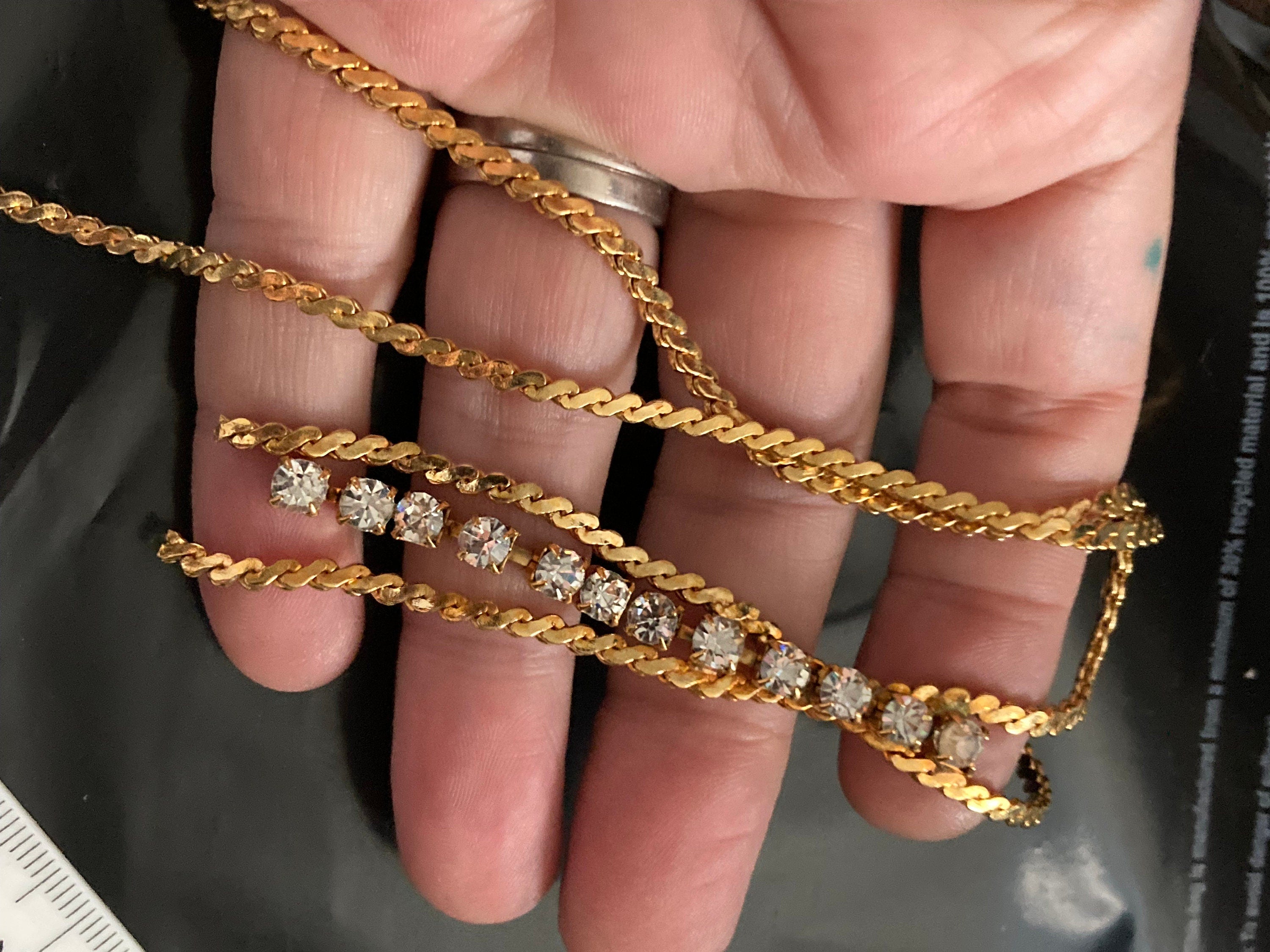 Vintage 1970s gold plated serpentine chain crystal drop necklace