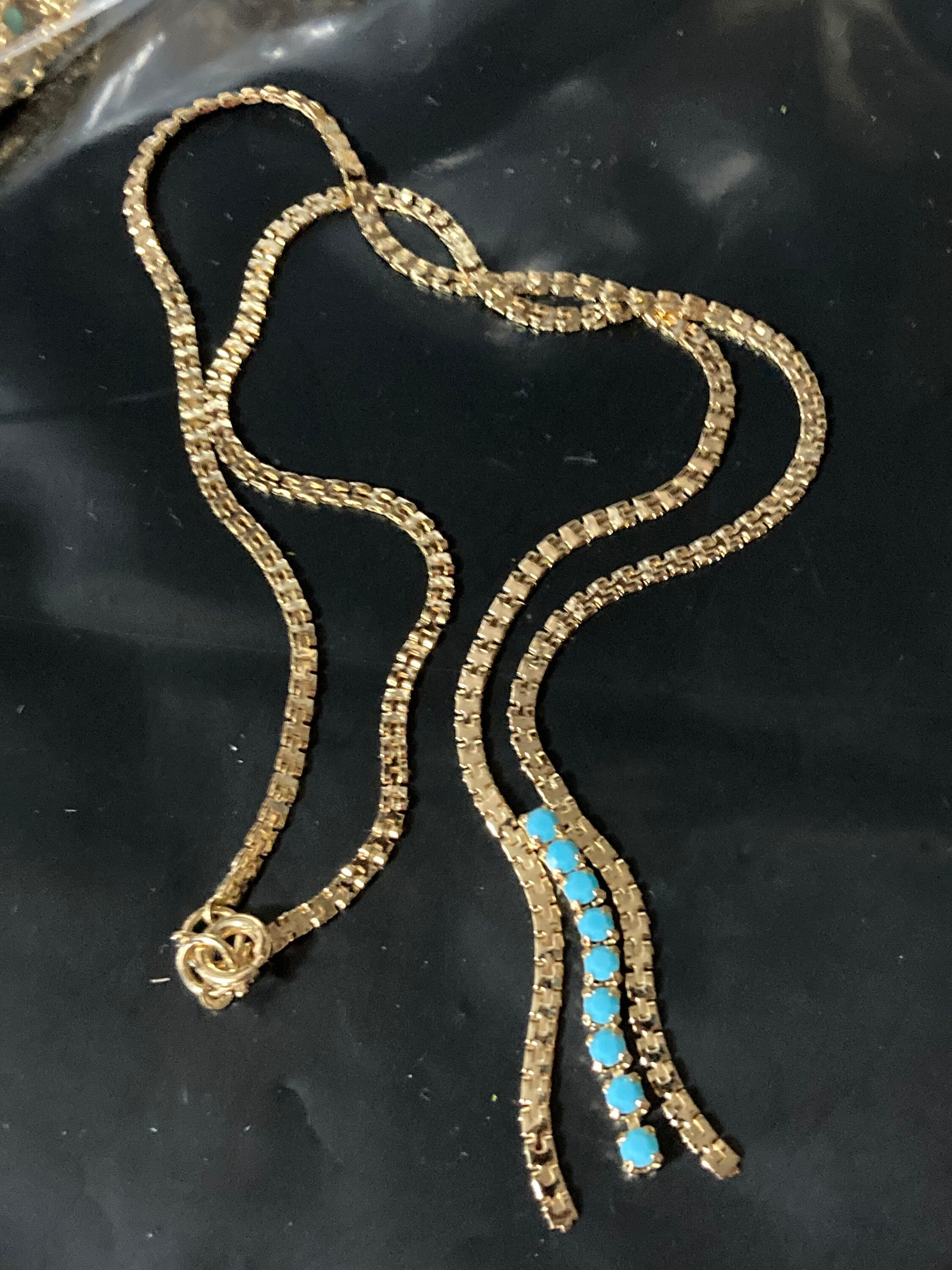 1970s Gold plated gold plated turquoise blue diamanté drop necklace vintage
