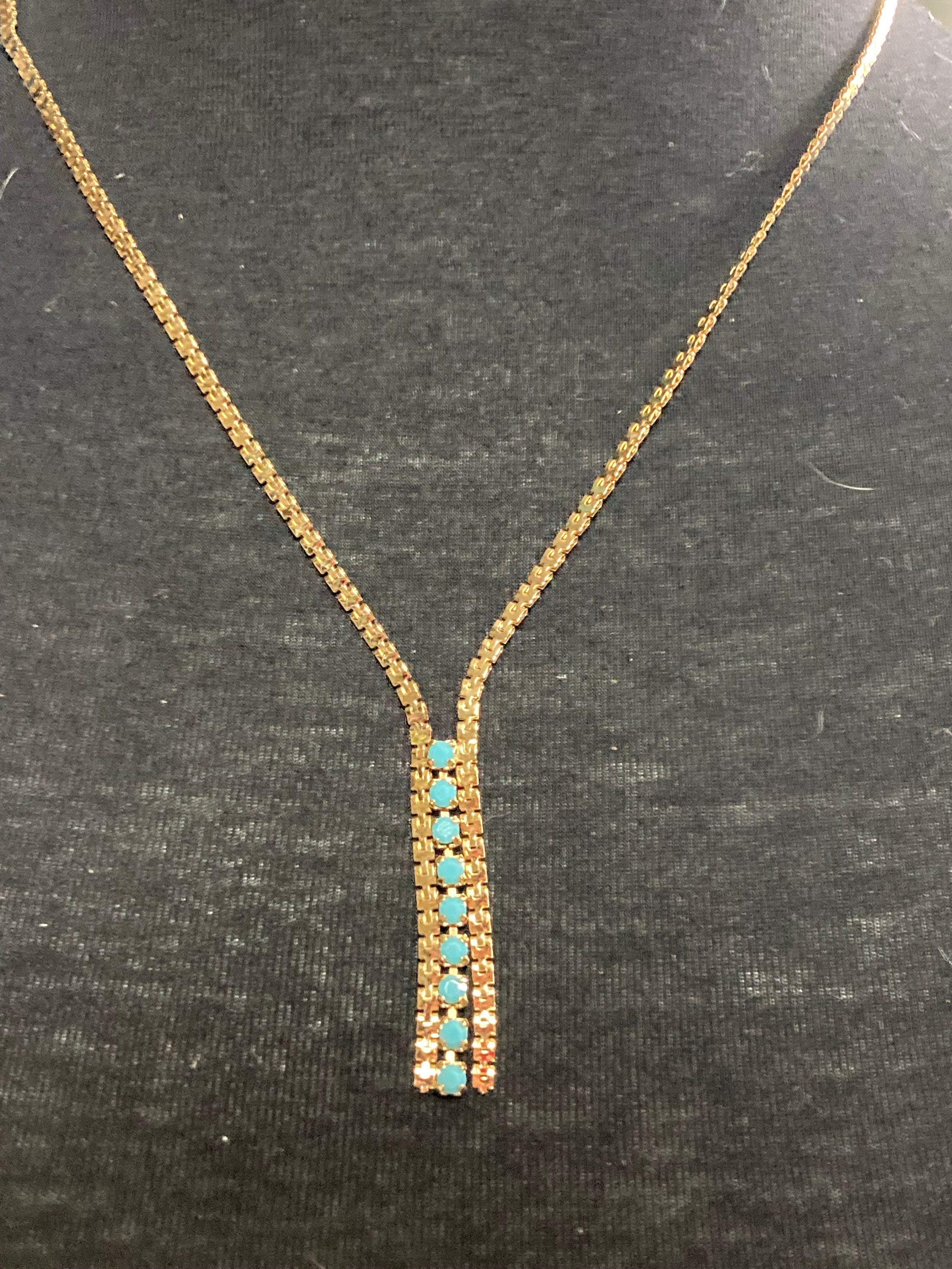 1970s Gold plated gold plated turquoise blue diamanté drop necklace vintage