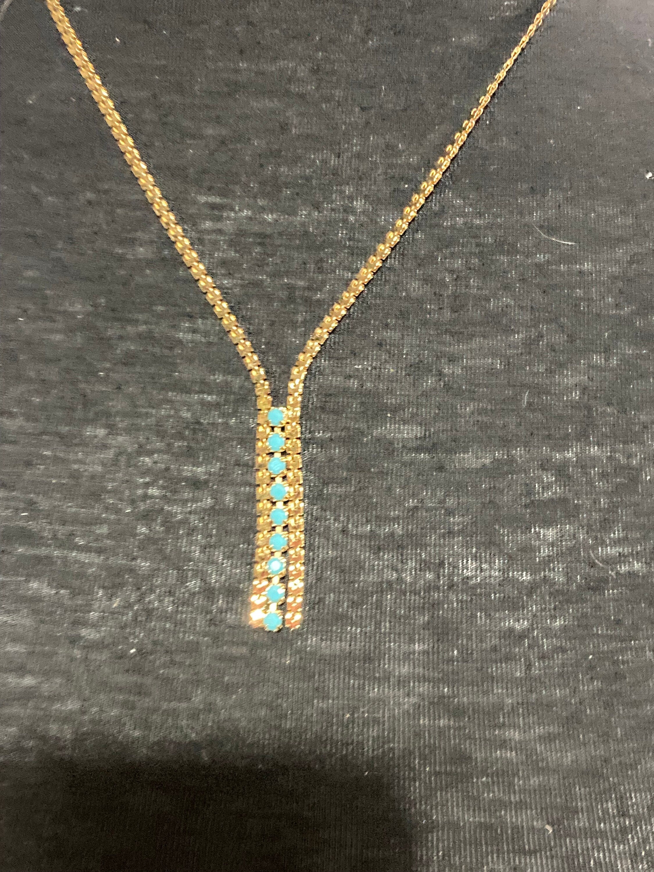 1970s Gold plated gold plated turquoise blue diamanté drop necklace vintage