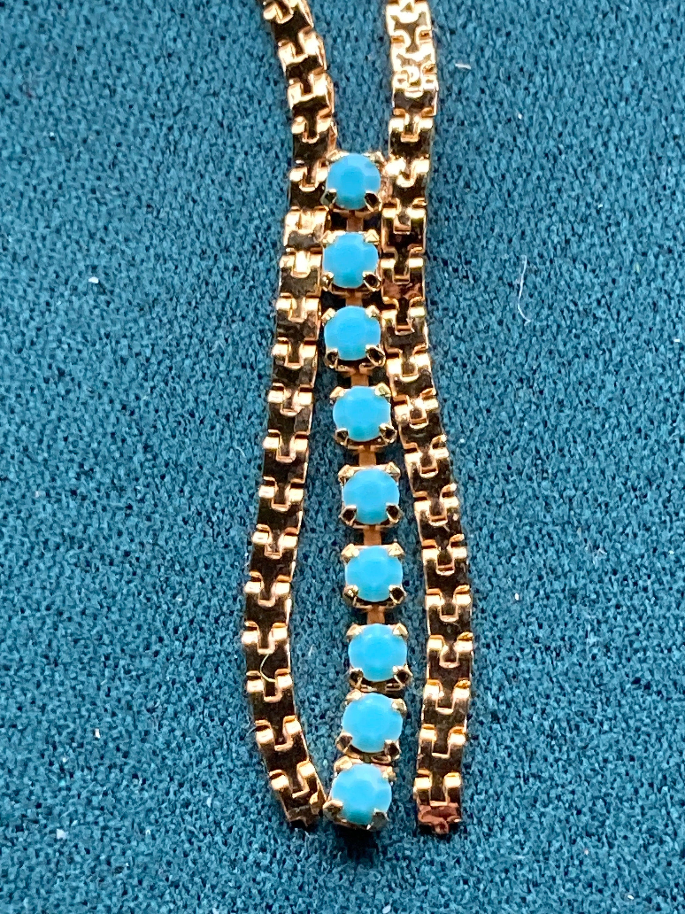 1970s Gold plated gold plated turquoise blue diamanté drop necklace vintage