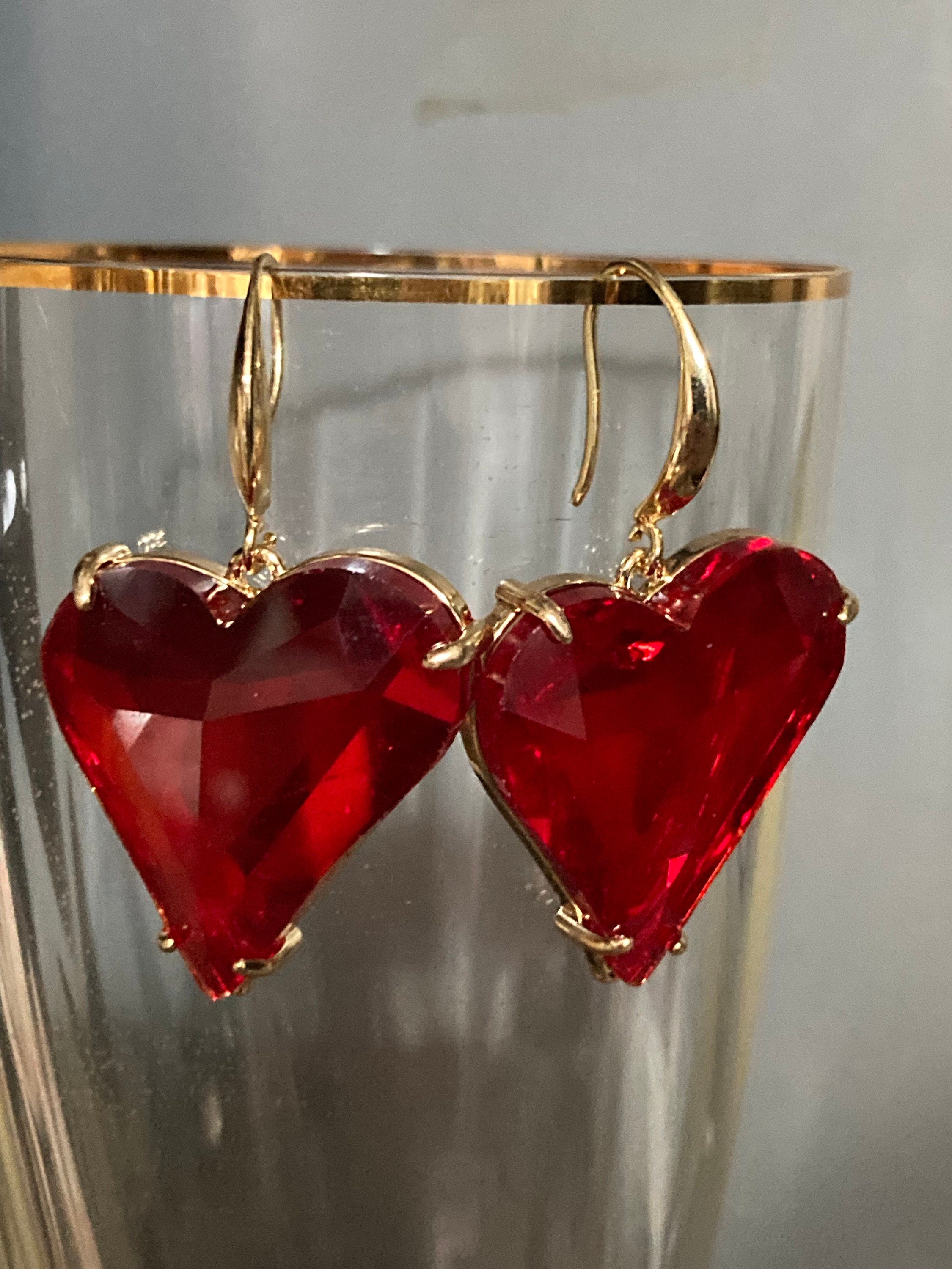Big Red Crystal Heart Drop Earrings, gold plated