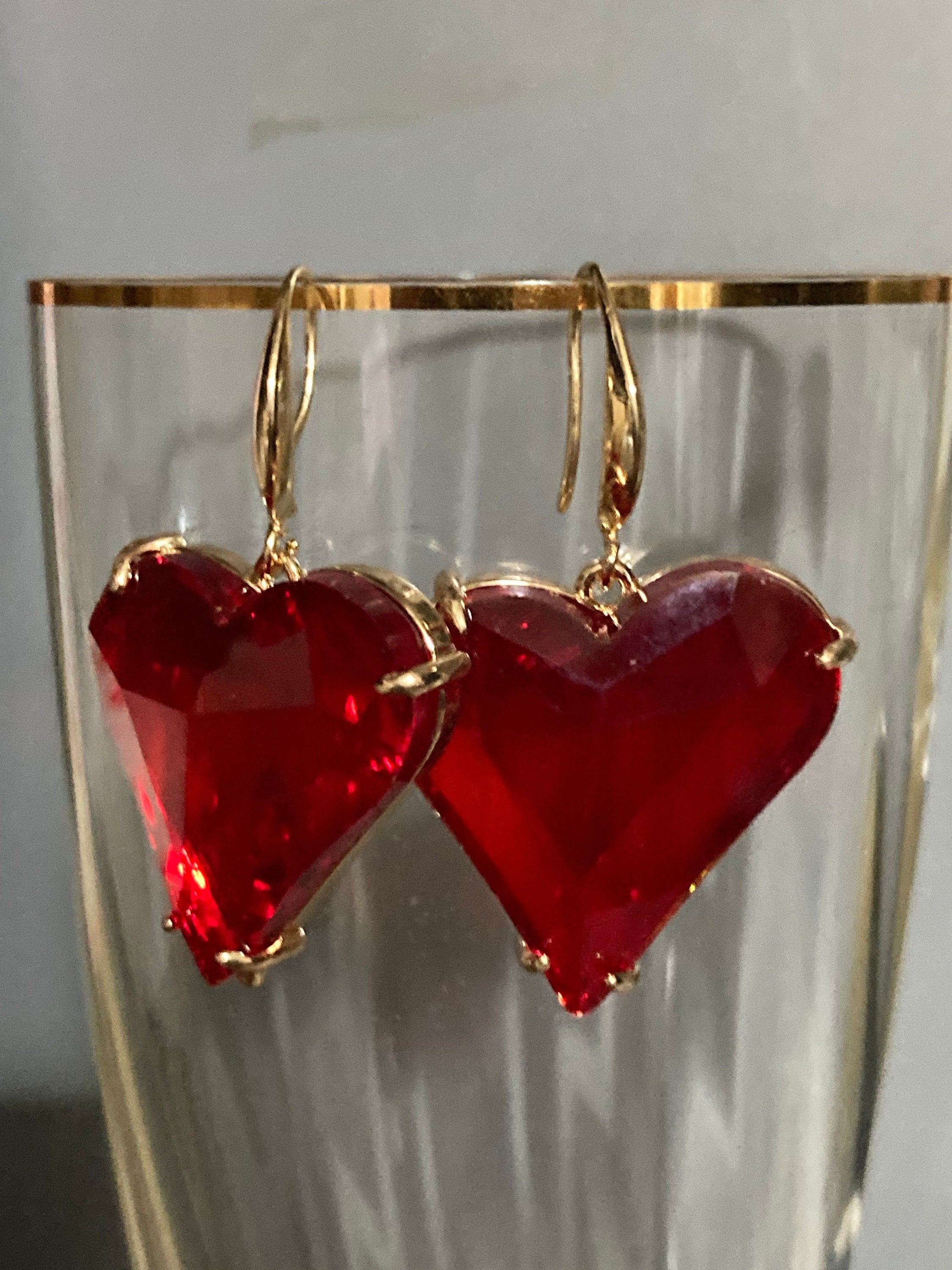 Big Red Crystal Heart Drop Earrings, gold plated