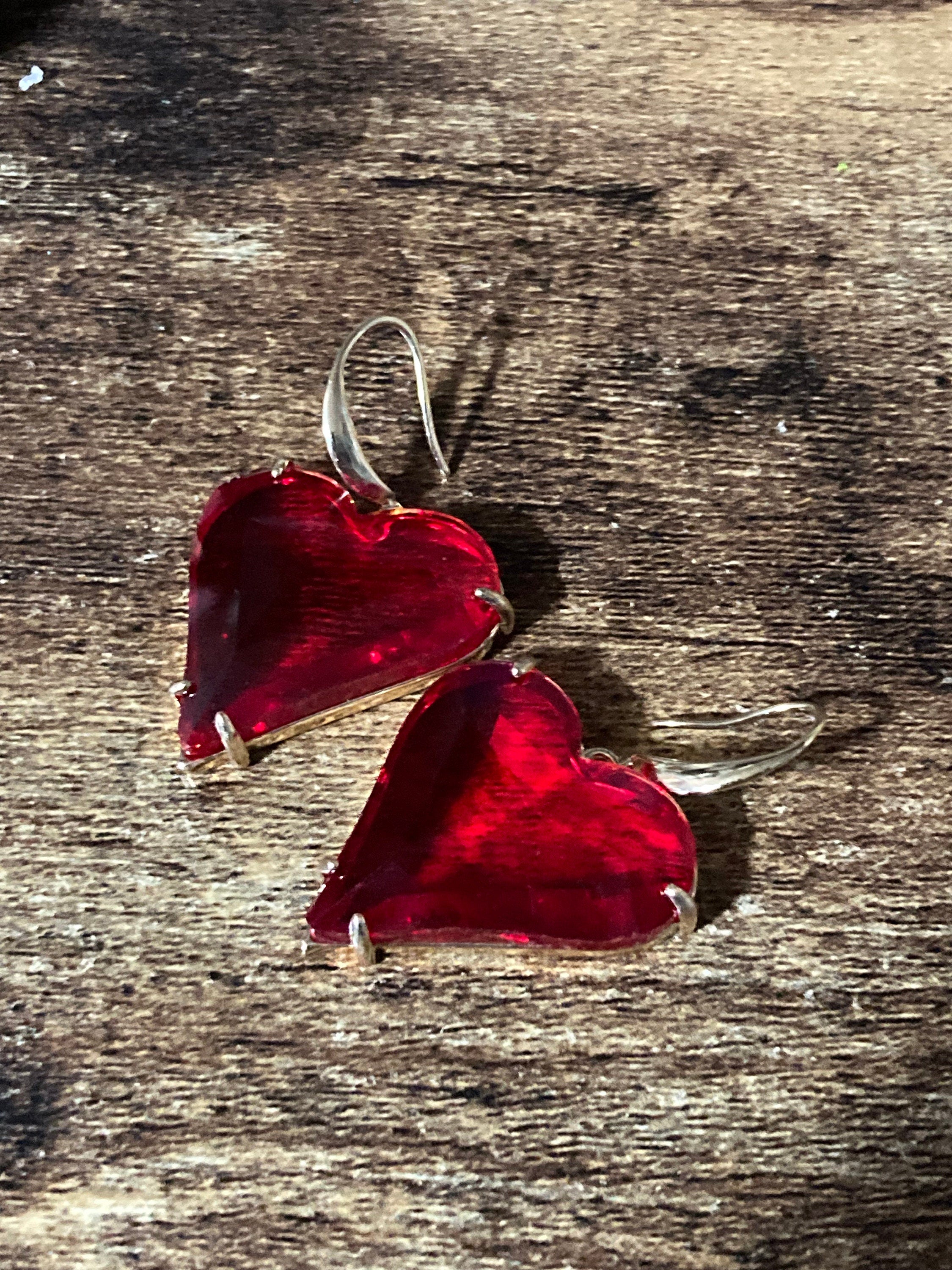 Big Red Crystal Heart Drop Earrings, gold plated