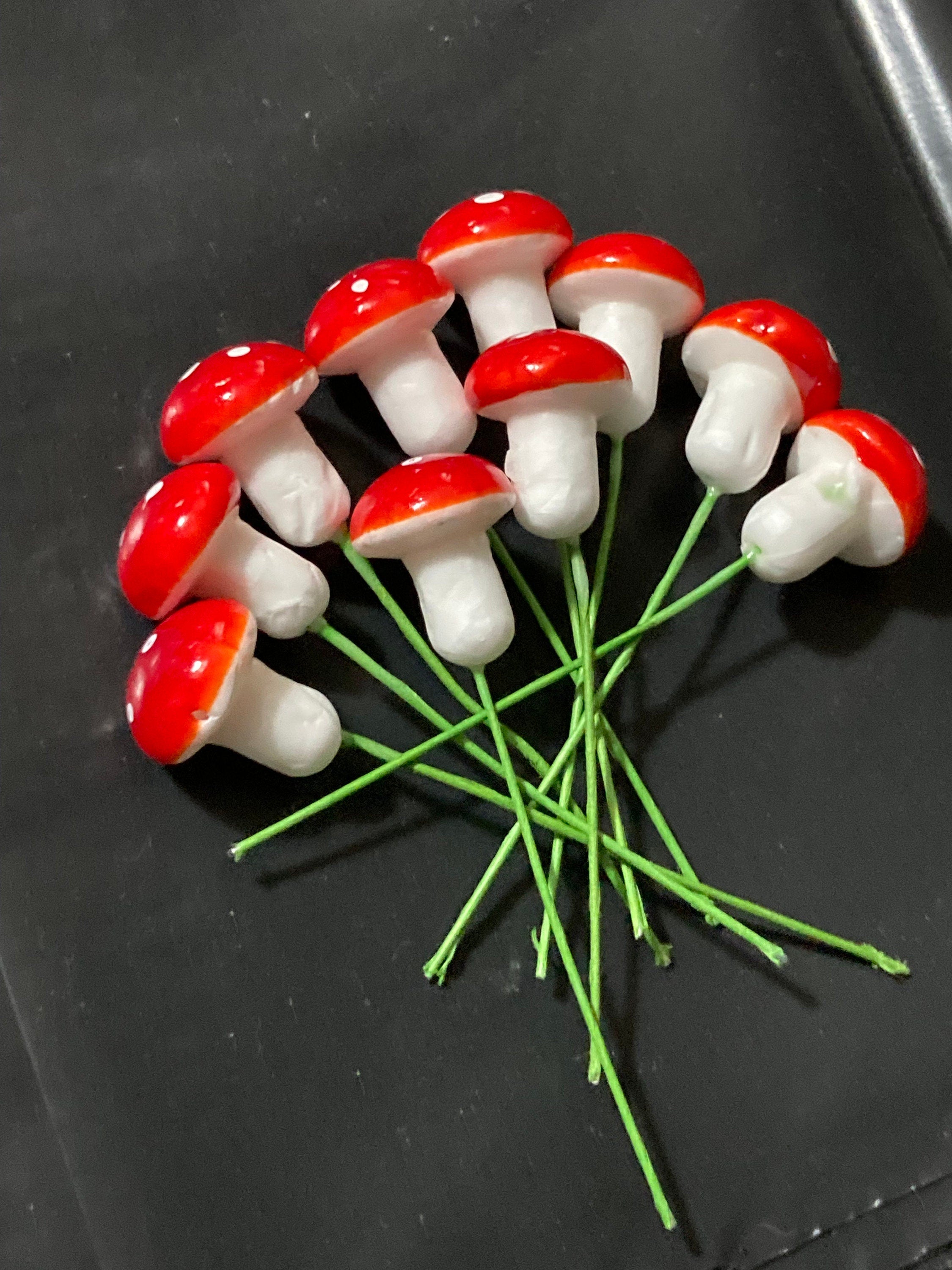 10 Miniature Red Toadstool Cake Toppers: Woodland Scenery