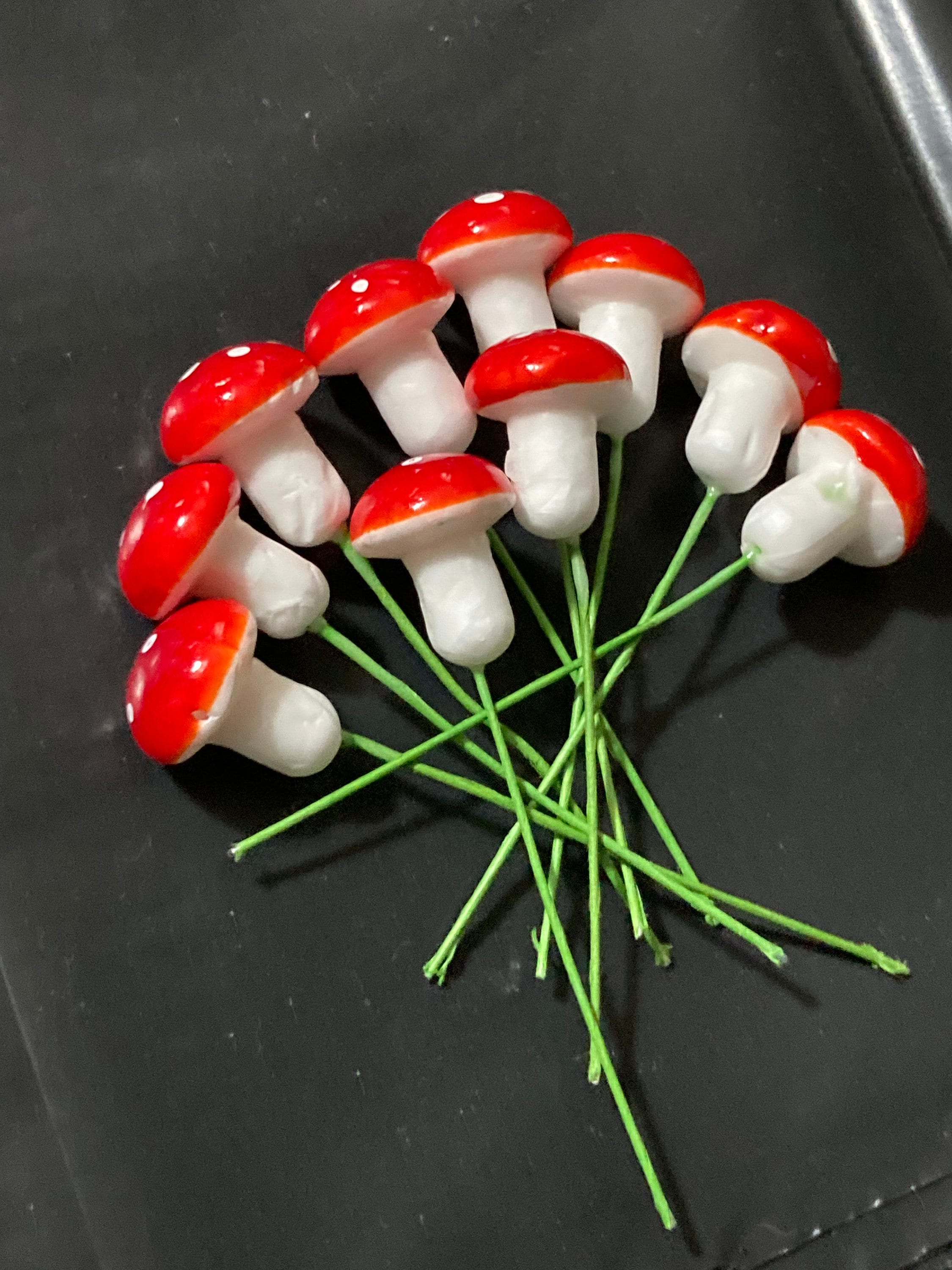 10 Miniature Red Toadstool Cake Toppers: craft supplies Woodland Scenery