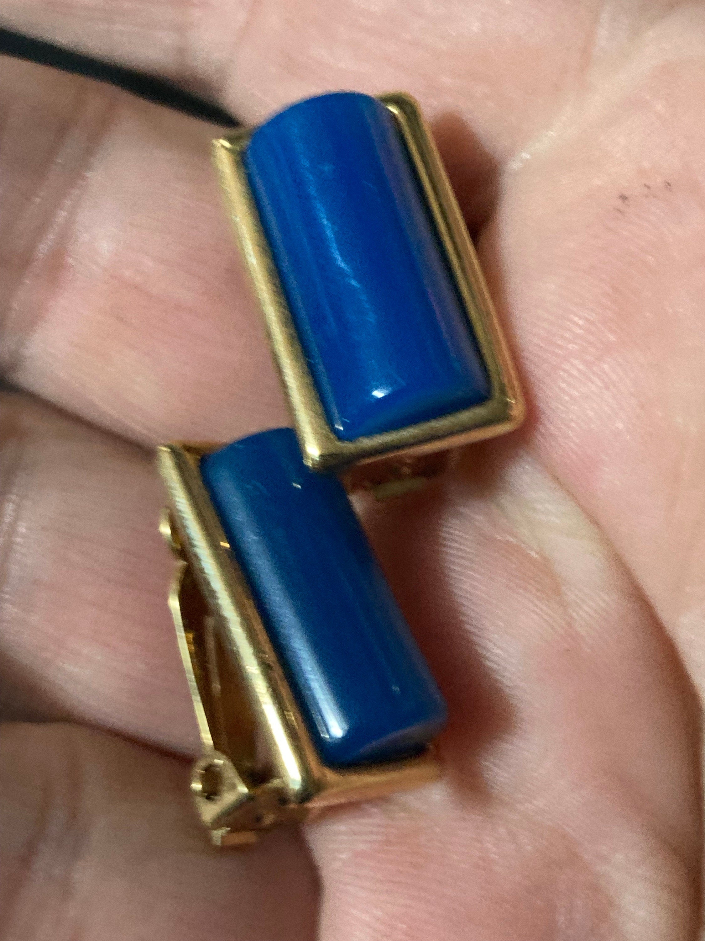 Vintage blue clip on earrings, rectangular gold tone