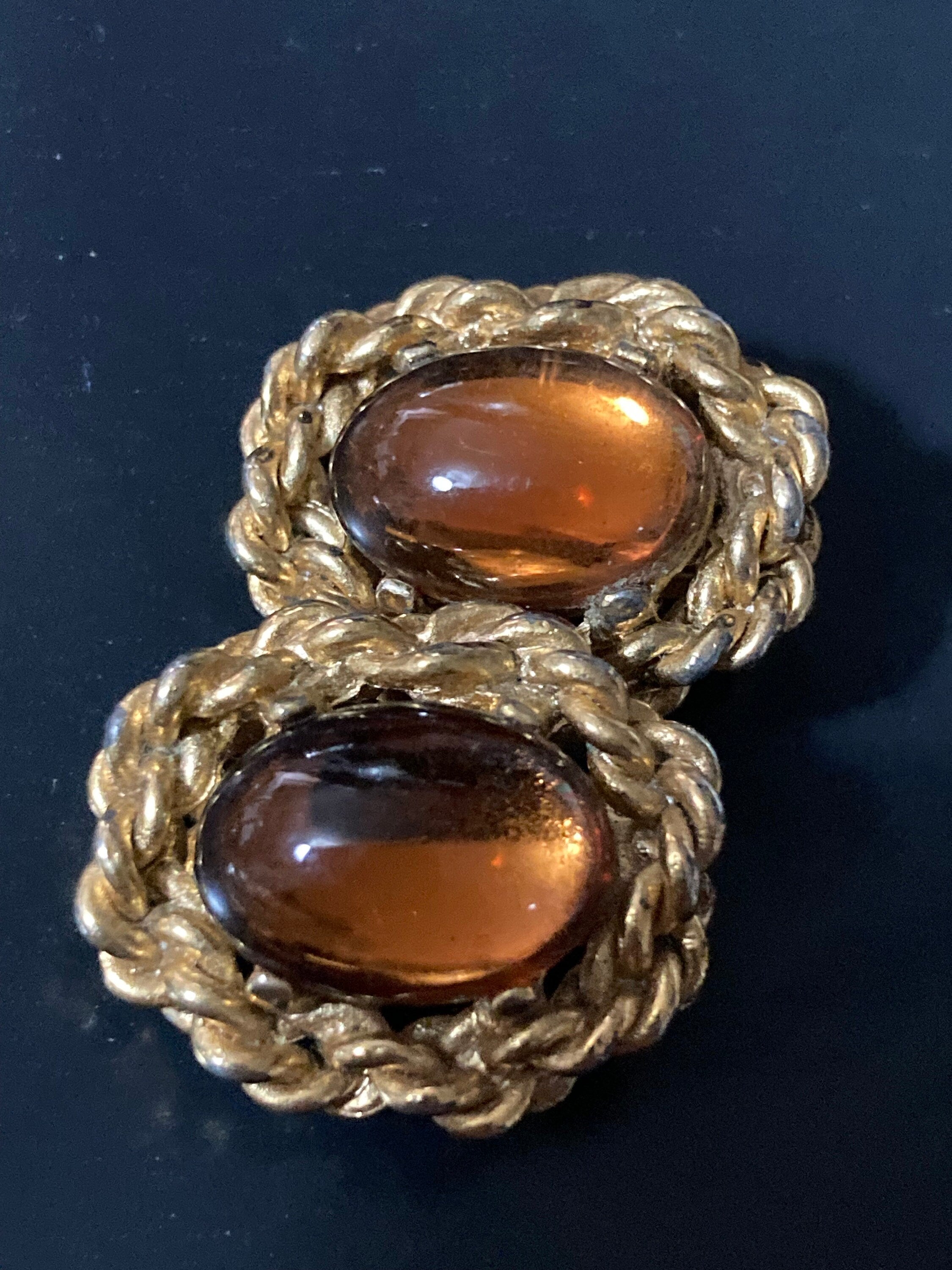 oval brown cognac glass clip on earrings, 2cm gold tone