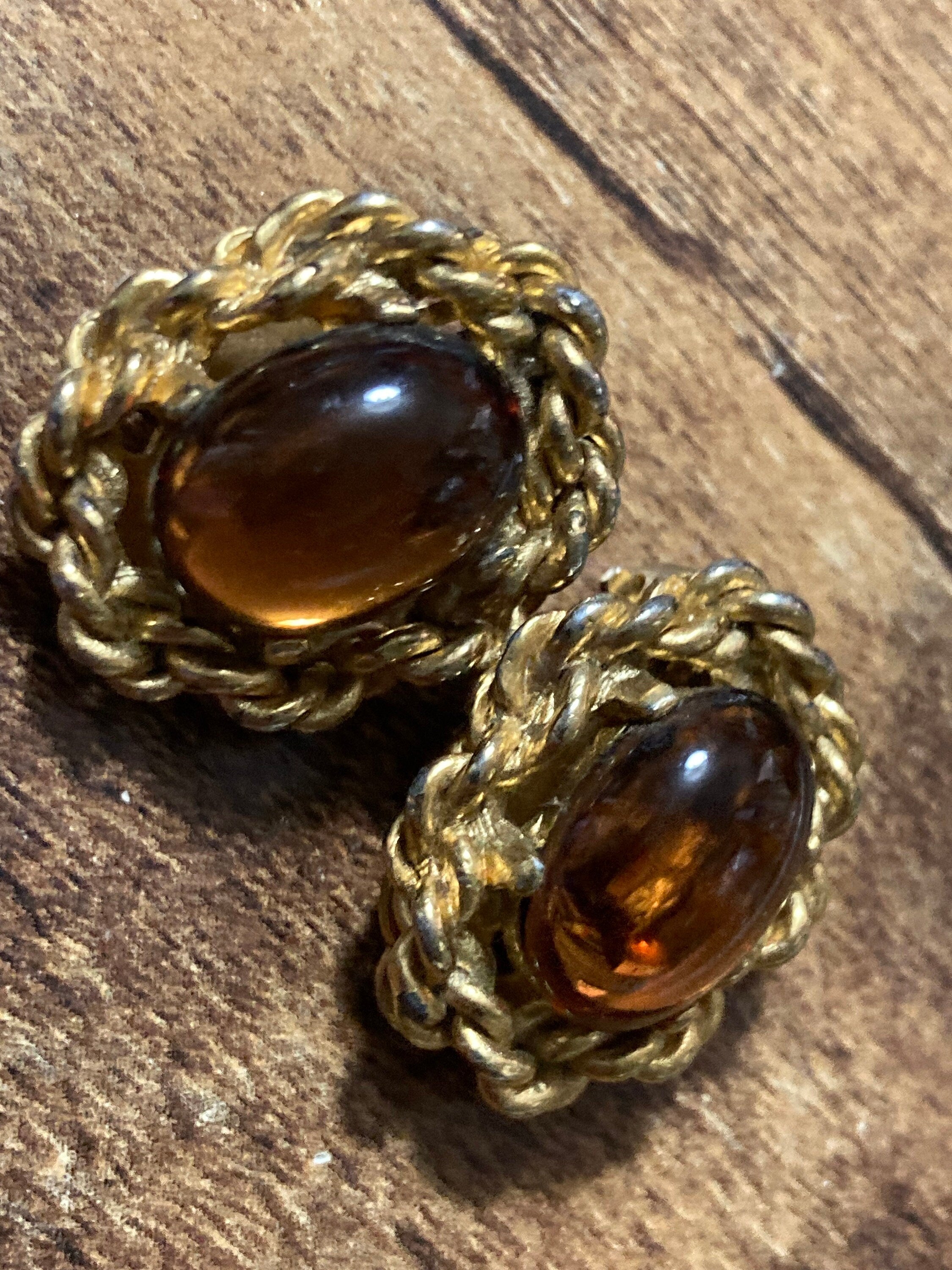 oval brown cognac glass clip on earrings, 2cm gold tone