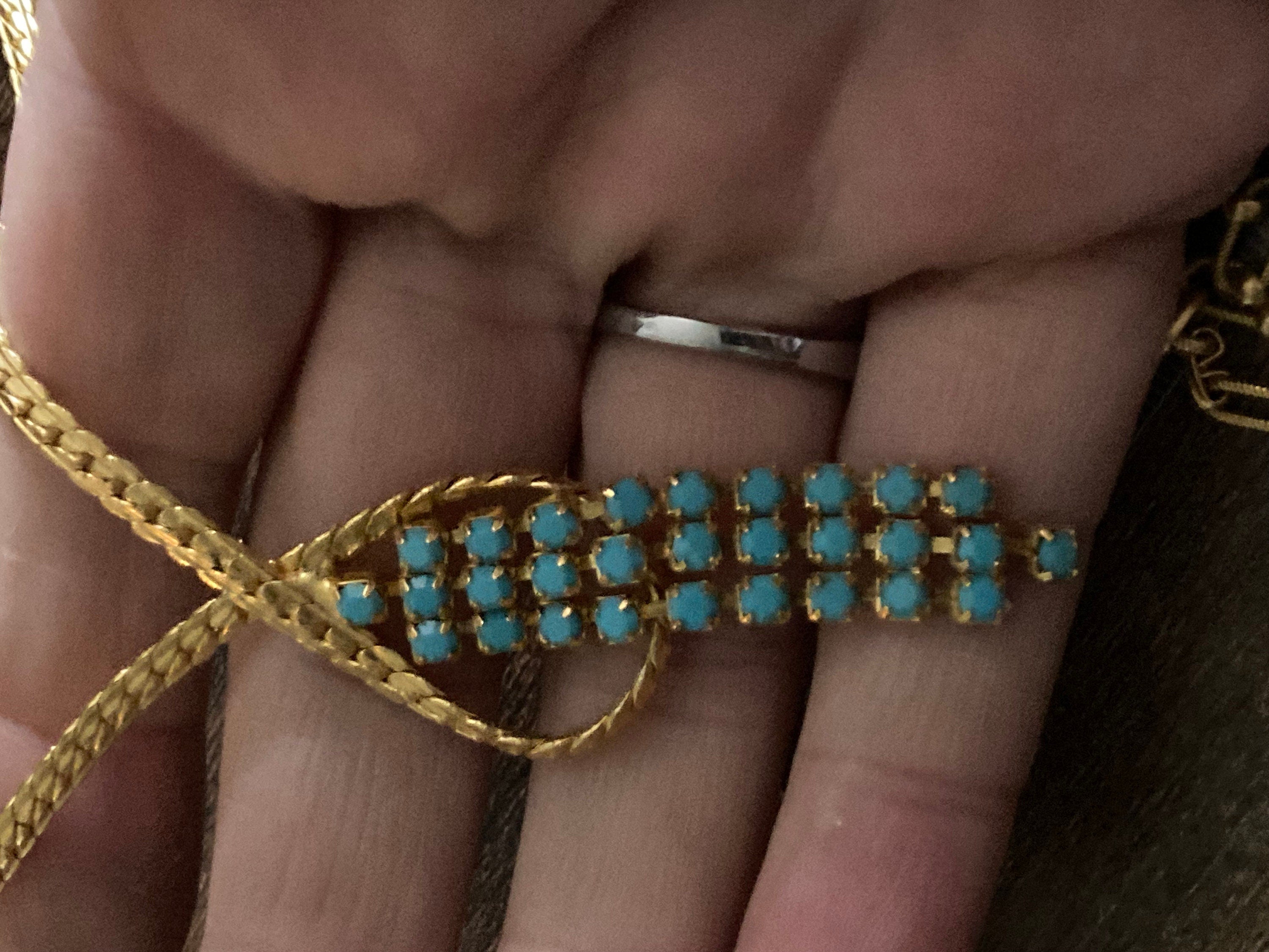 Vintage gold tone mesh lariat drop necklace with turquoise glass paste stones