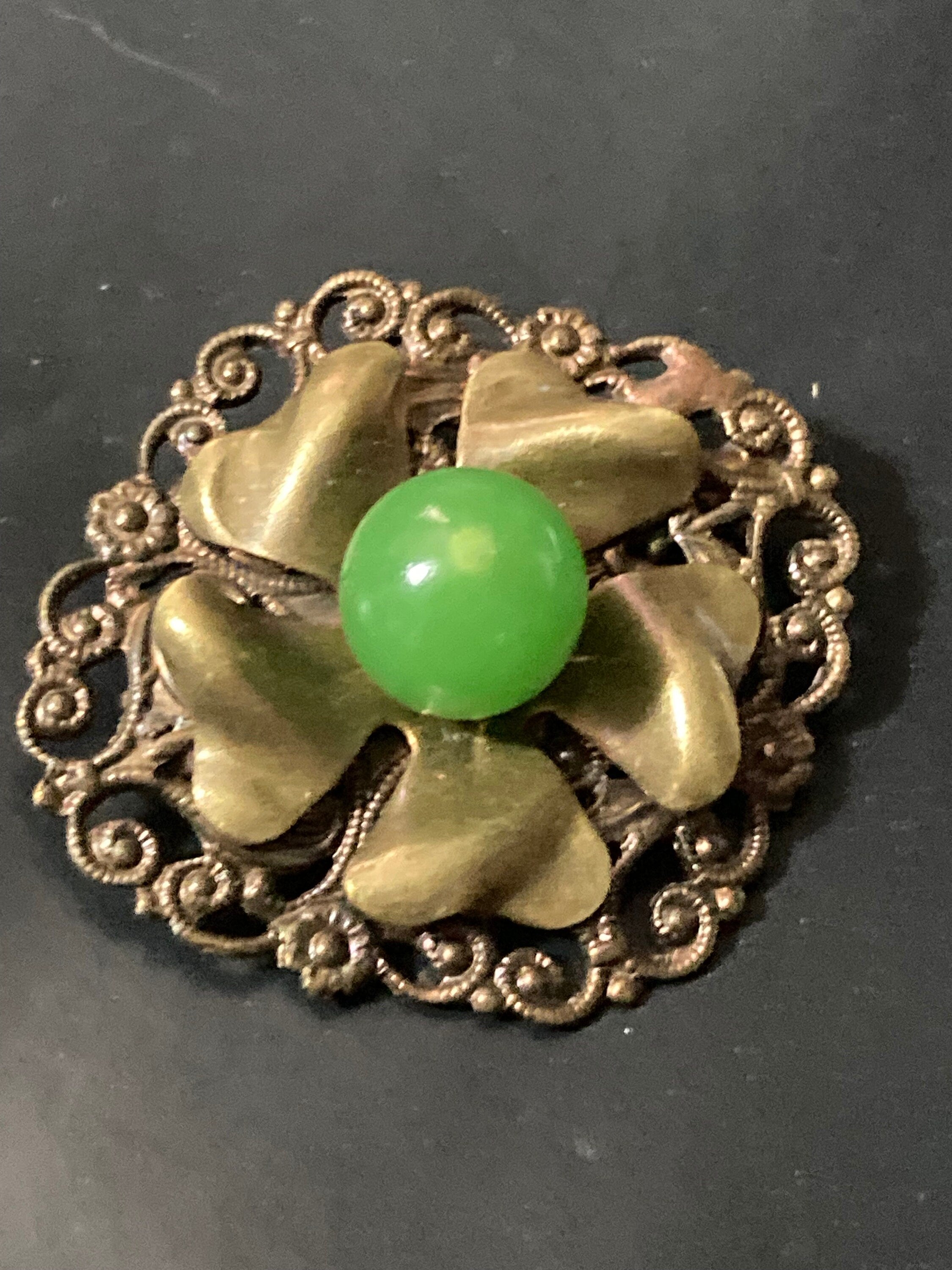 Czech brass filigree Brooch Uv chrysoprase green Glass