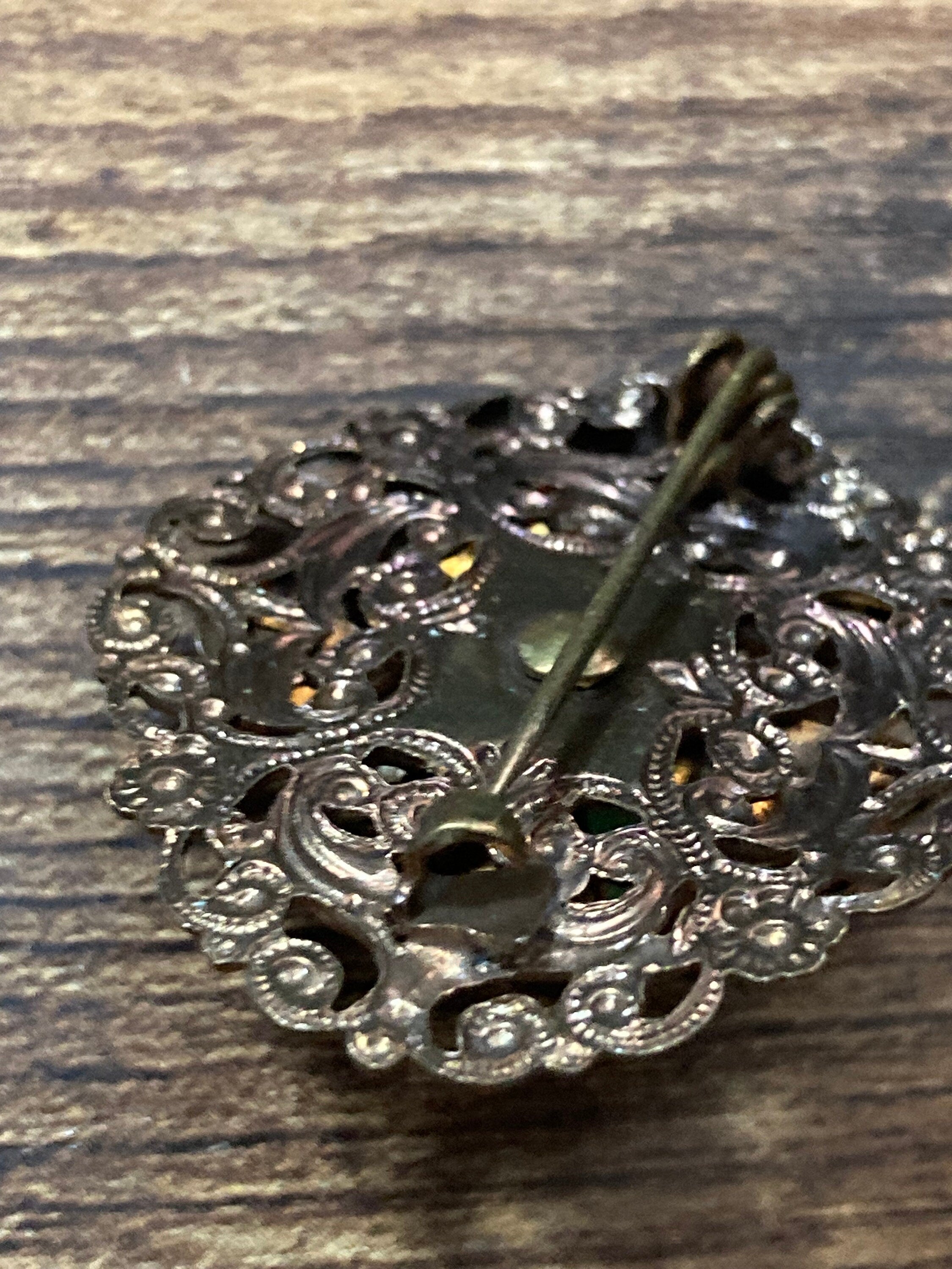 Czech brass filigree Brooch Uv chrysoprase green Glass