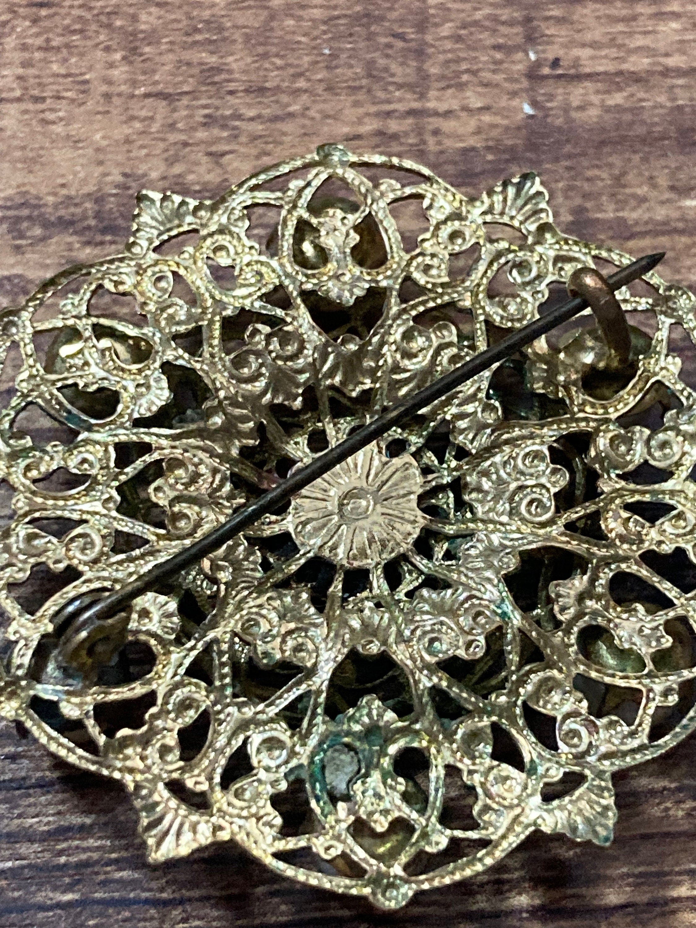 Vintage Czech brass filigree faux pearl and light blue sapphire Rhinestone diamanté Brooch