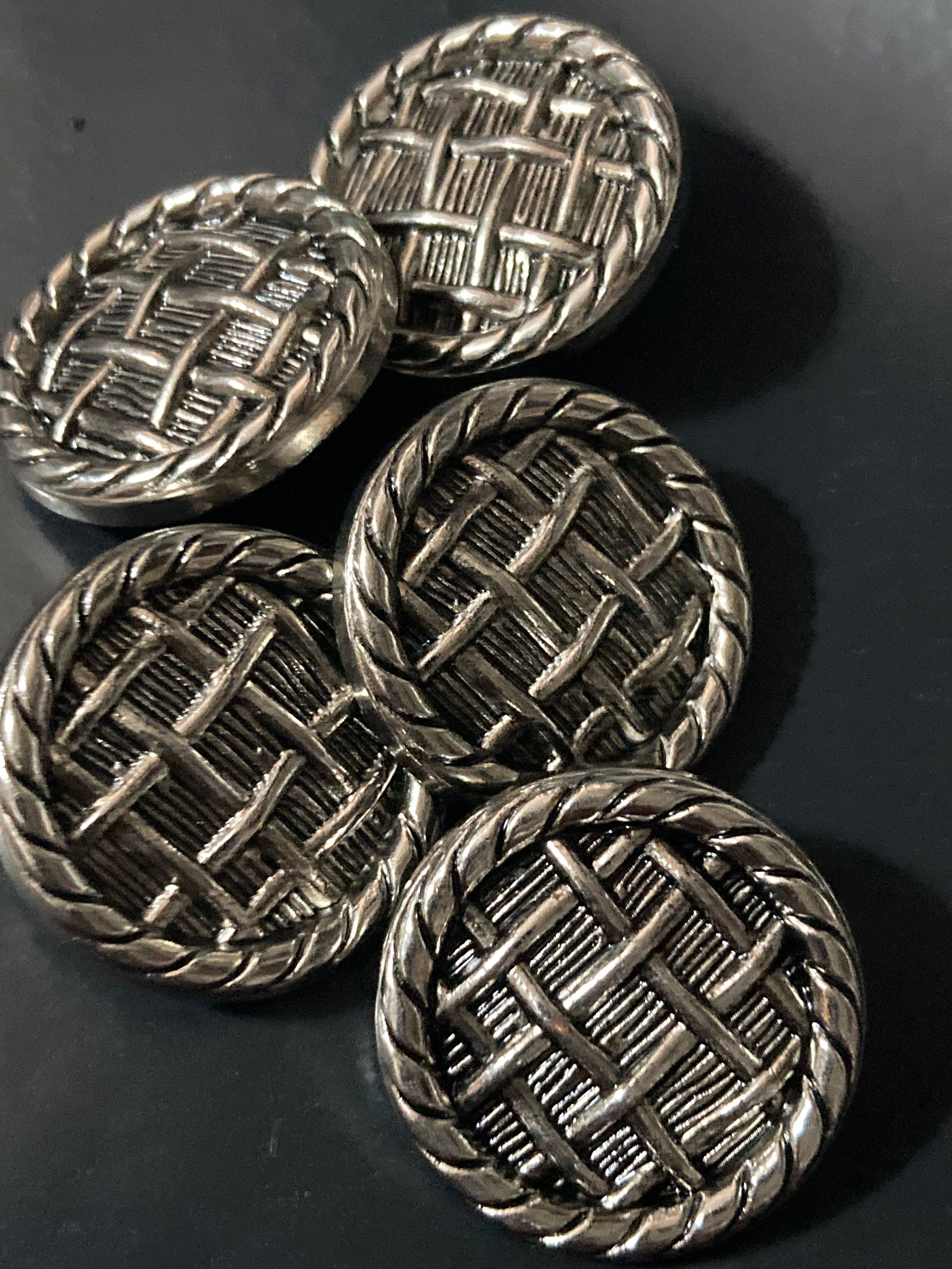 Pack 5 25mm basket weave textured rope edge dark silver metal buttons ideal blazer