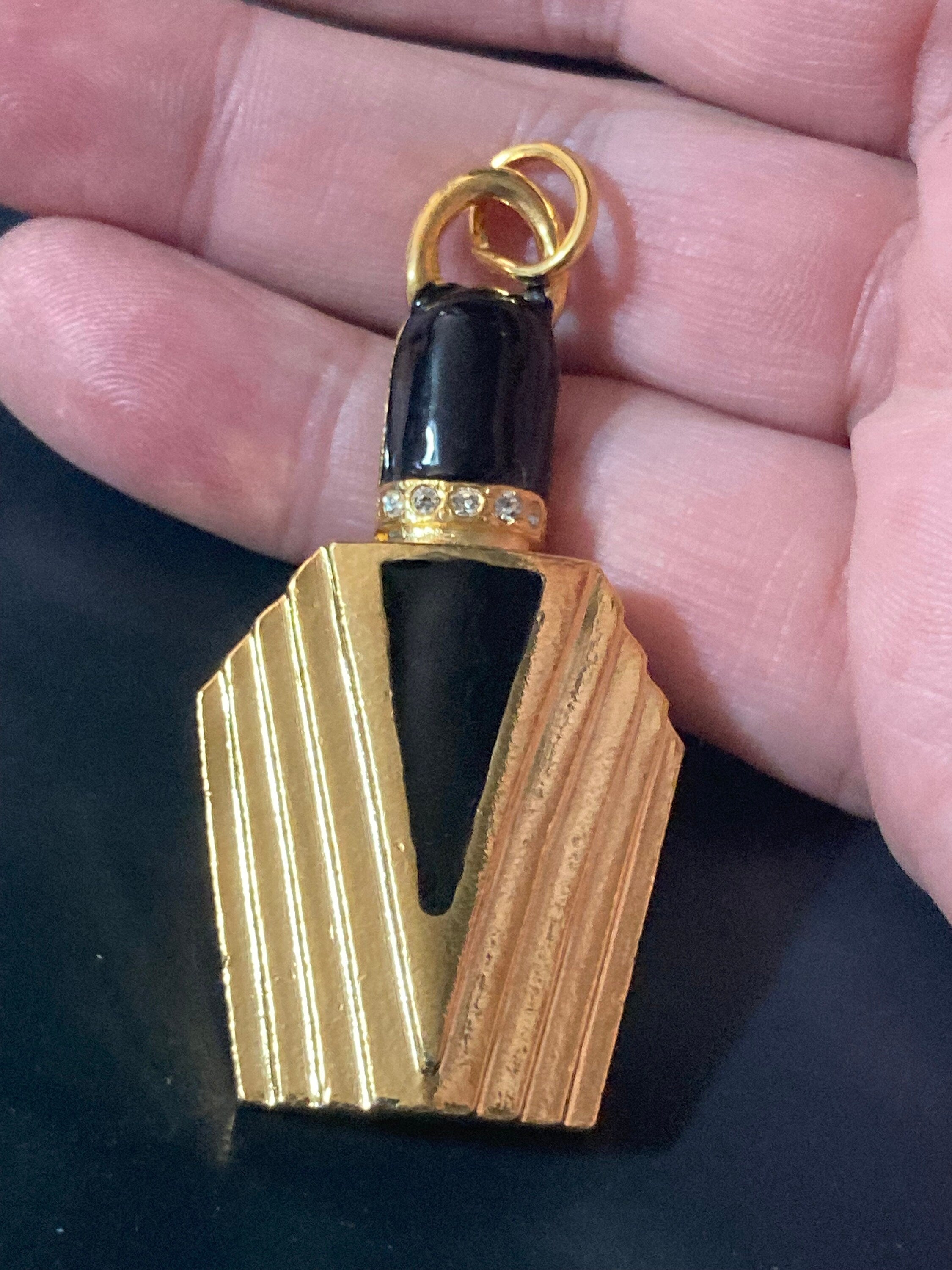 Vintage perfume bottle charm, black gold crystal scent 6cm pendant keyring pendant