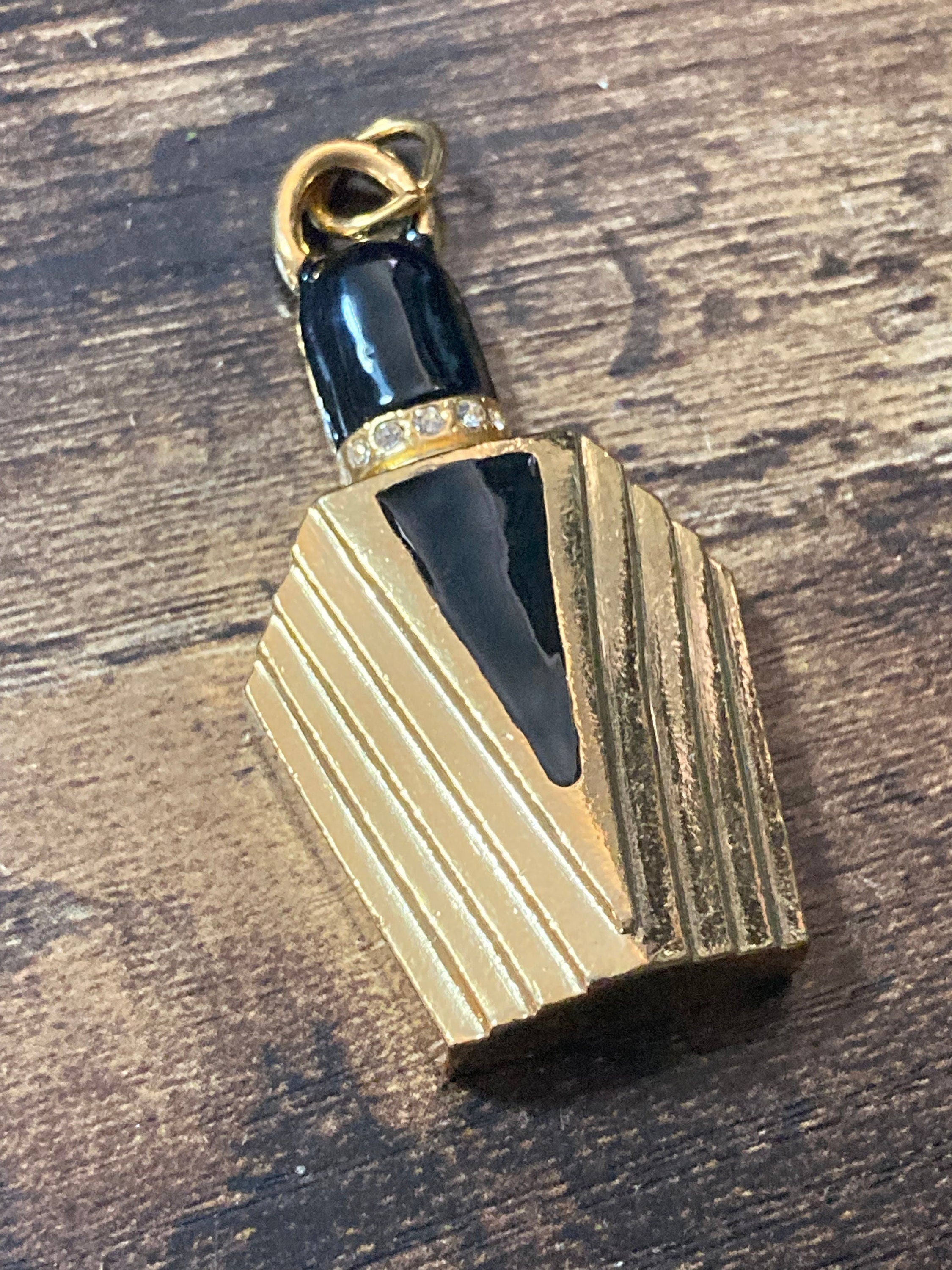Vintage perfume bottle charm, black gold crystal scent 6cm pendant keyring pendant