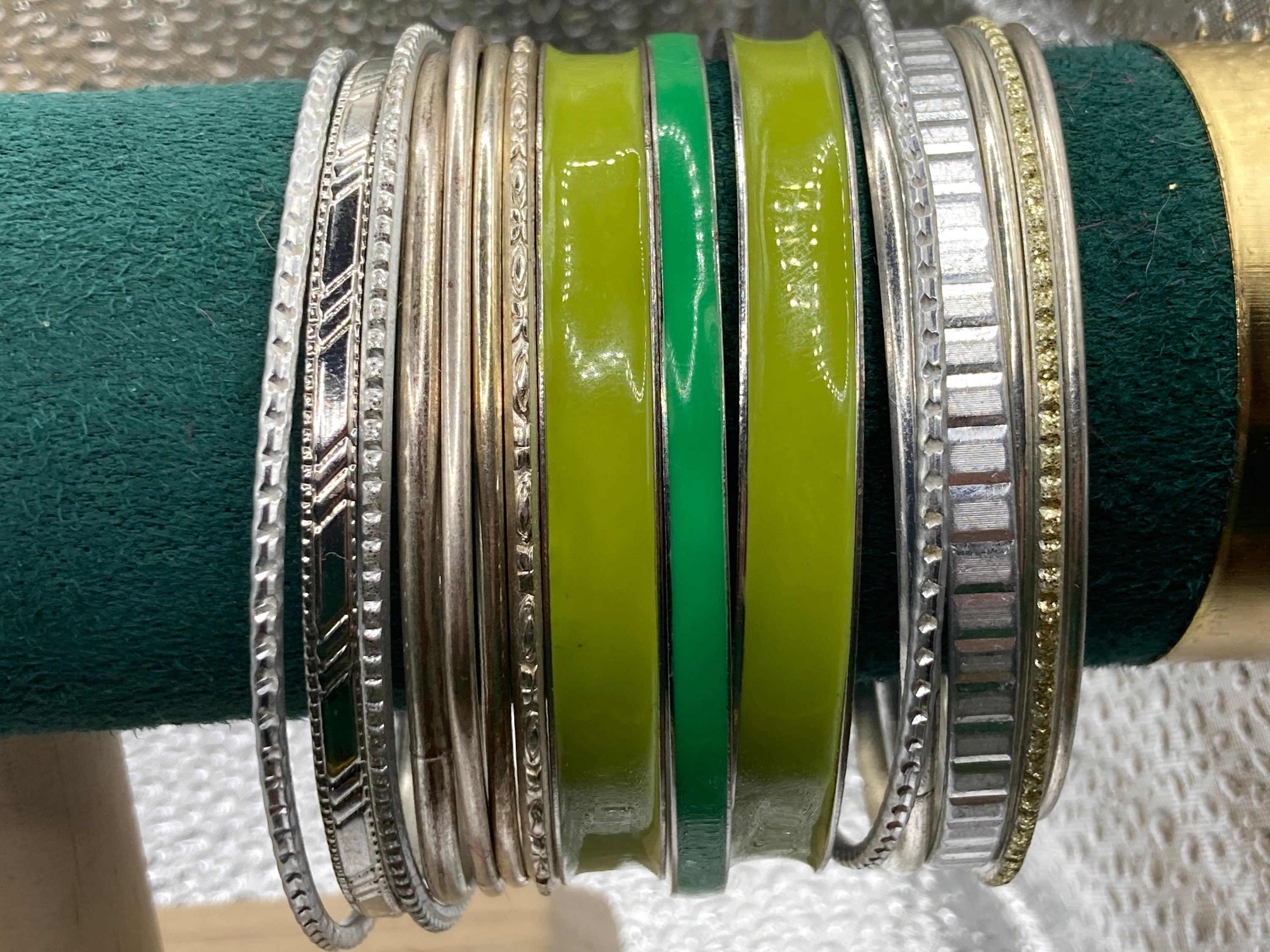 Vintage Silver & Green Stacking Bangles: Boho Hippy Bracelet Set