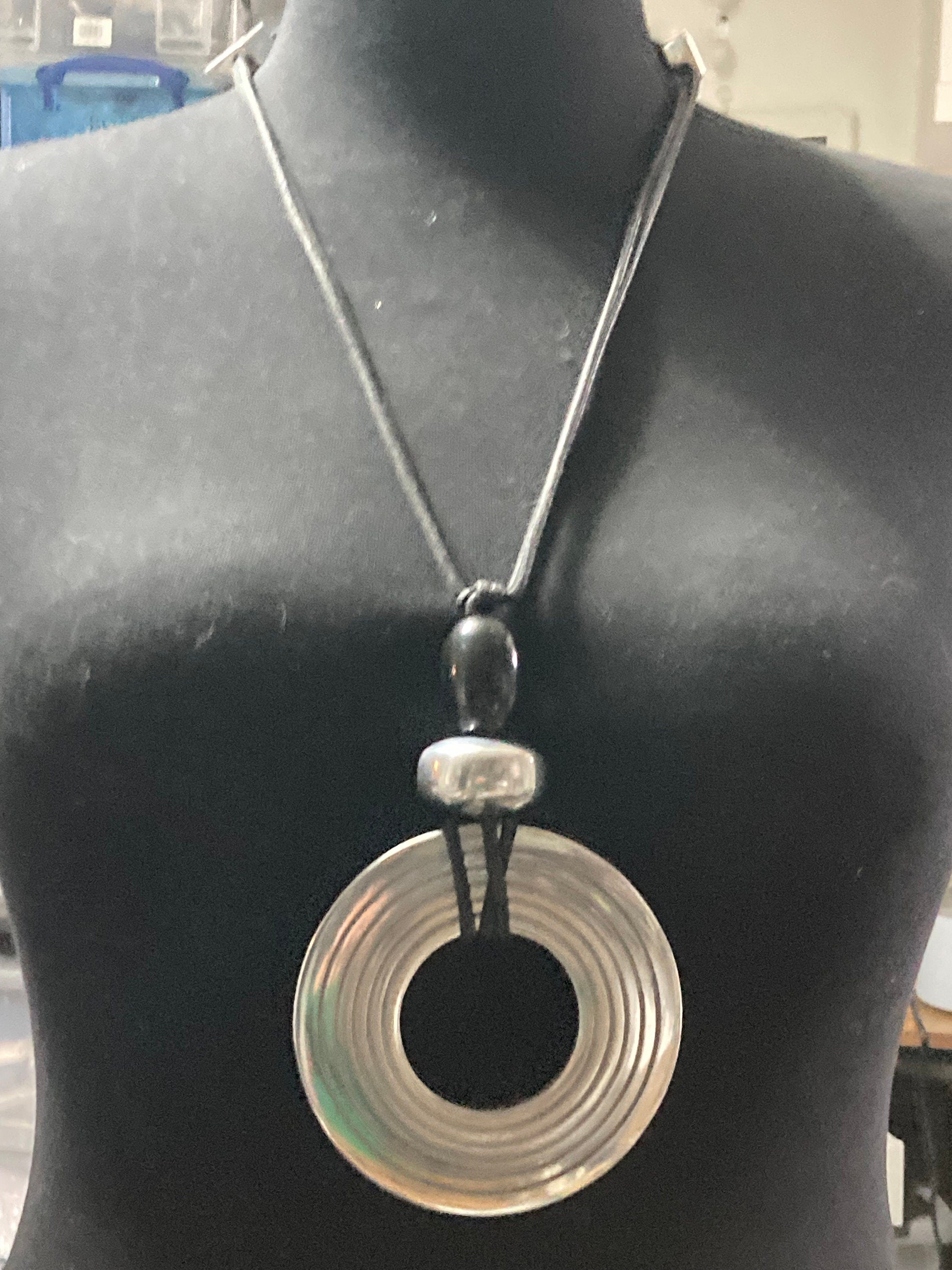 Huge oversized silver metal disc statement necklace black beads adjustable
