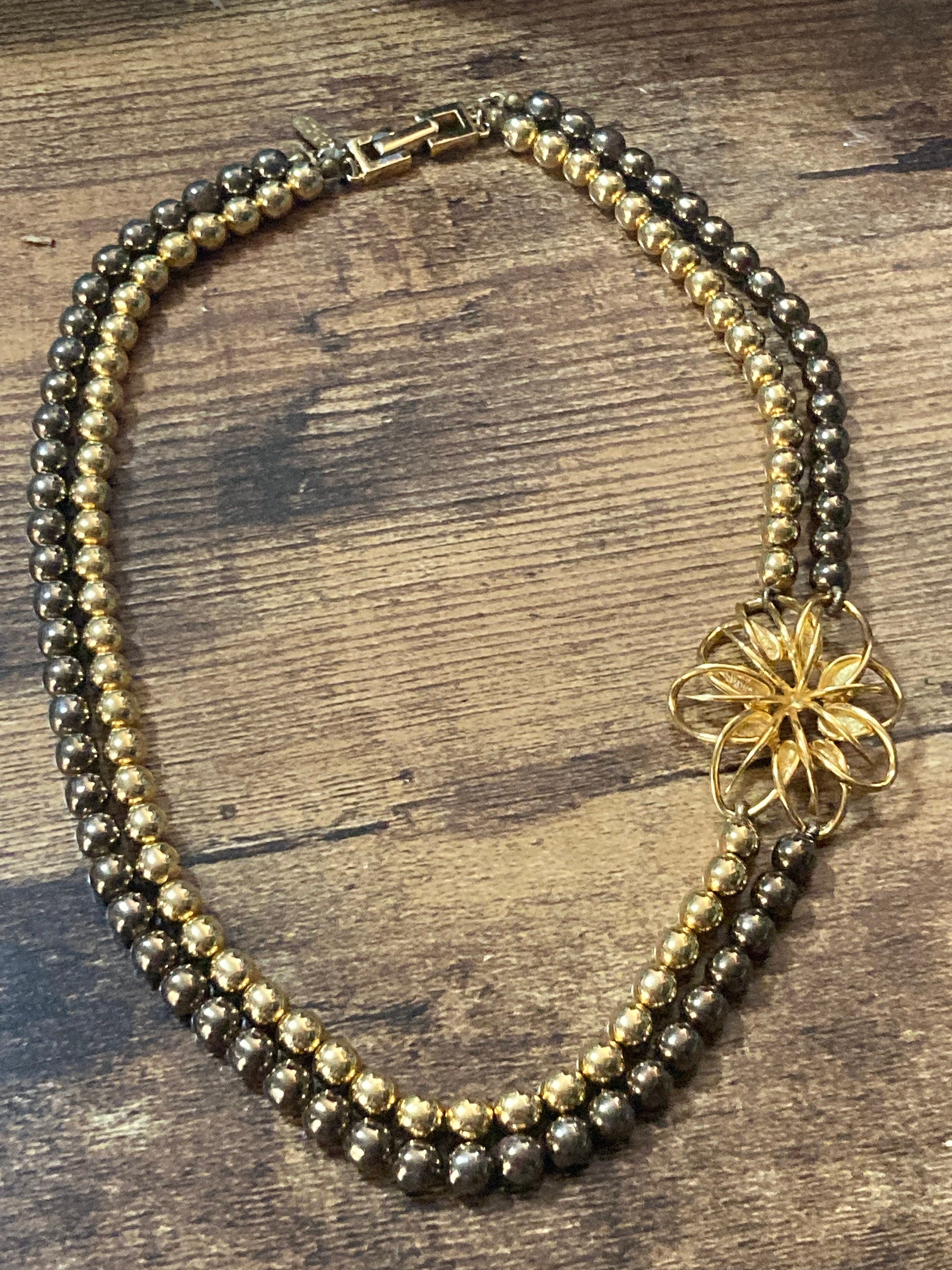 Signed ORENA Paris designer Vintage grey and gold tone beaded collar necklace 42cm
