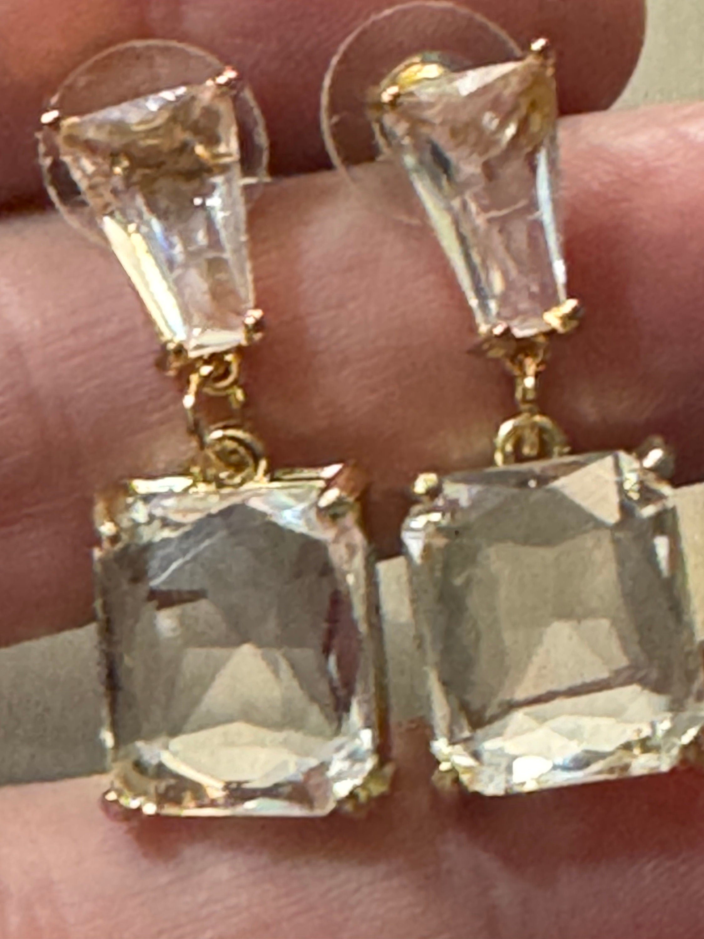 large rectangular crystal diamanté earrings for pierced ears Gold plated