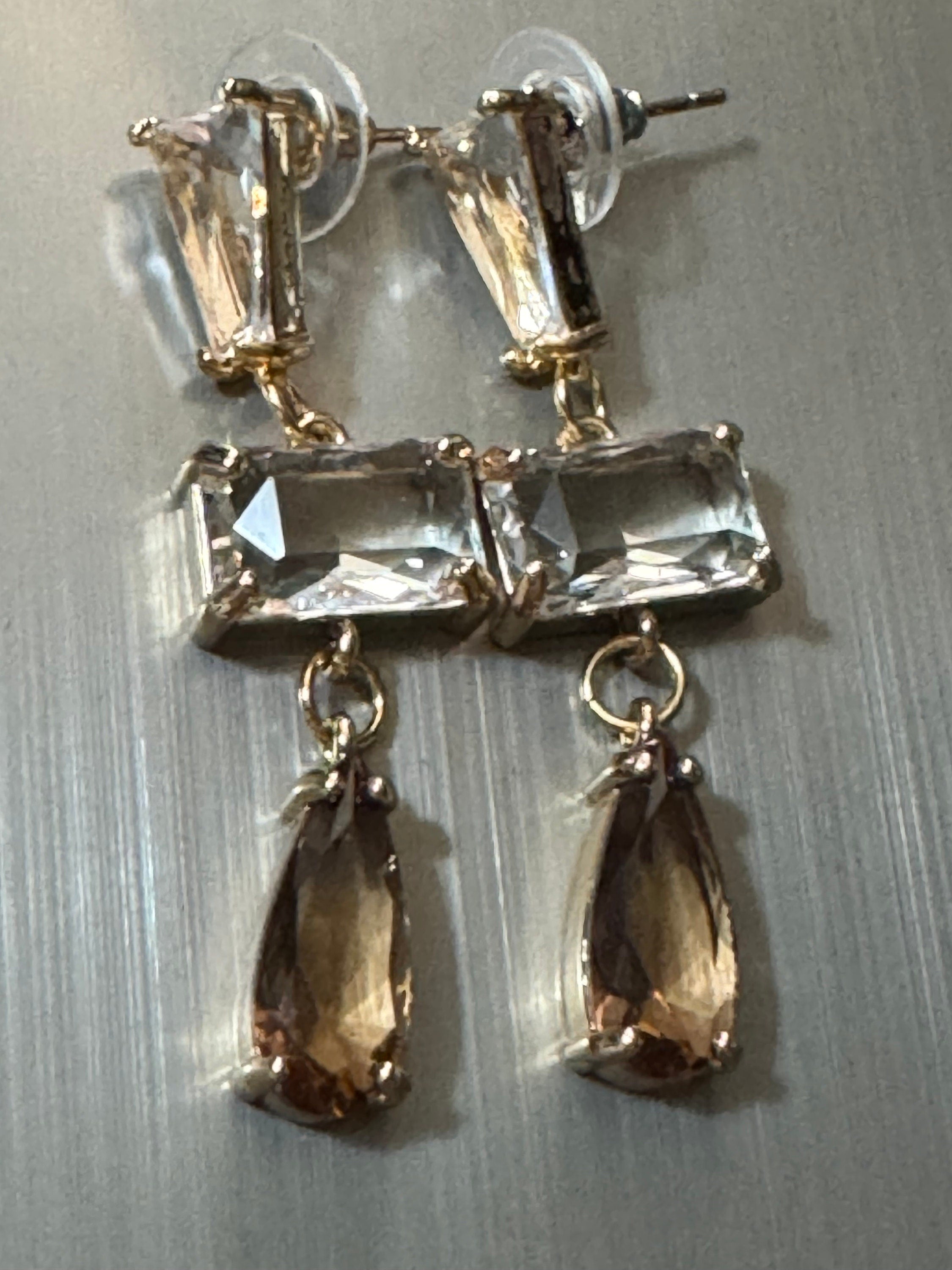 Long clear and soft brown glass crystal diamanté earrings for pierced ears Gold plated