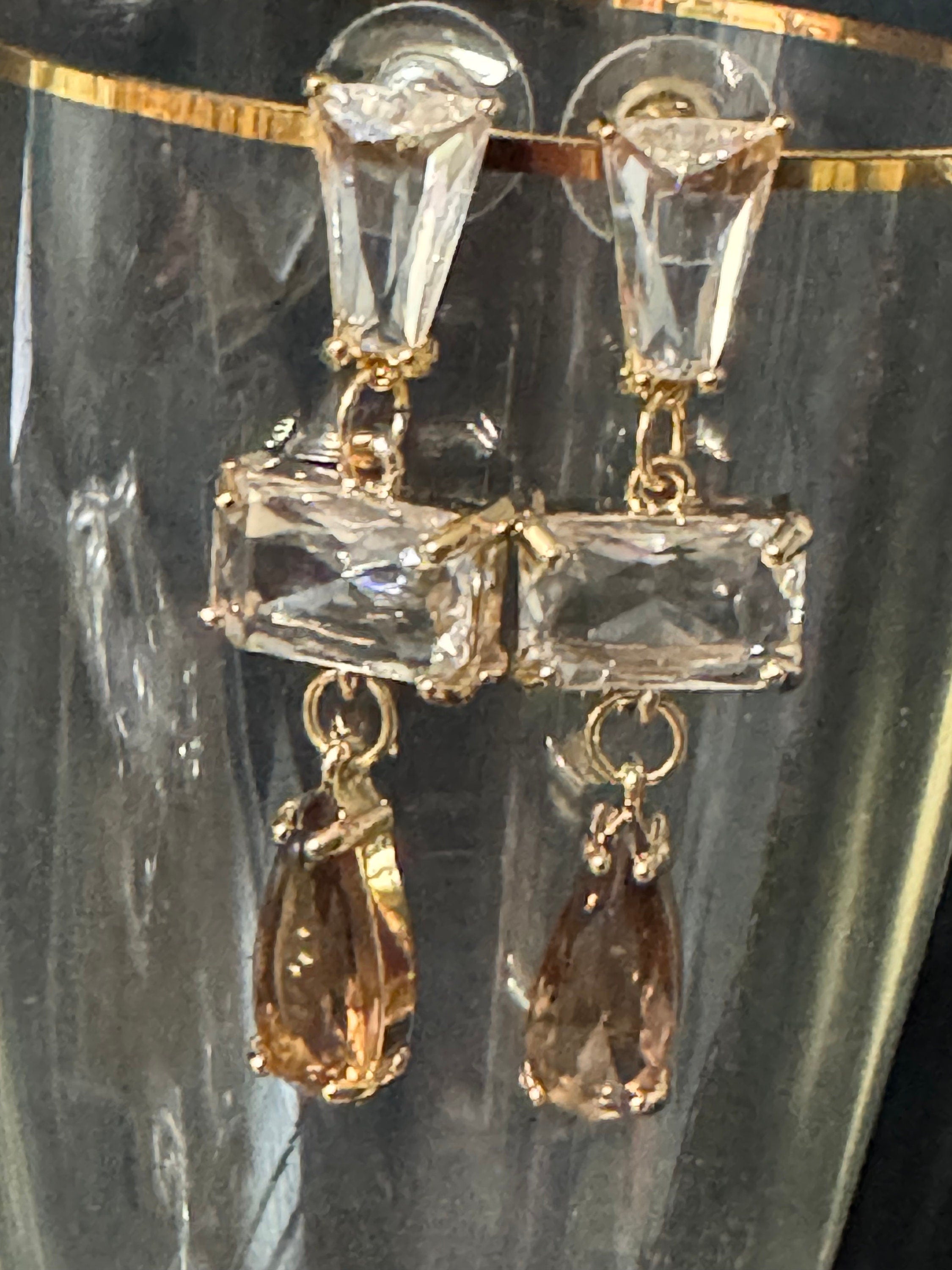 Long clear and soft brown glass crystal diamanté earrings for pierced ears Gold plated