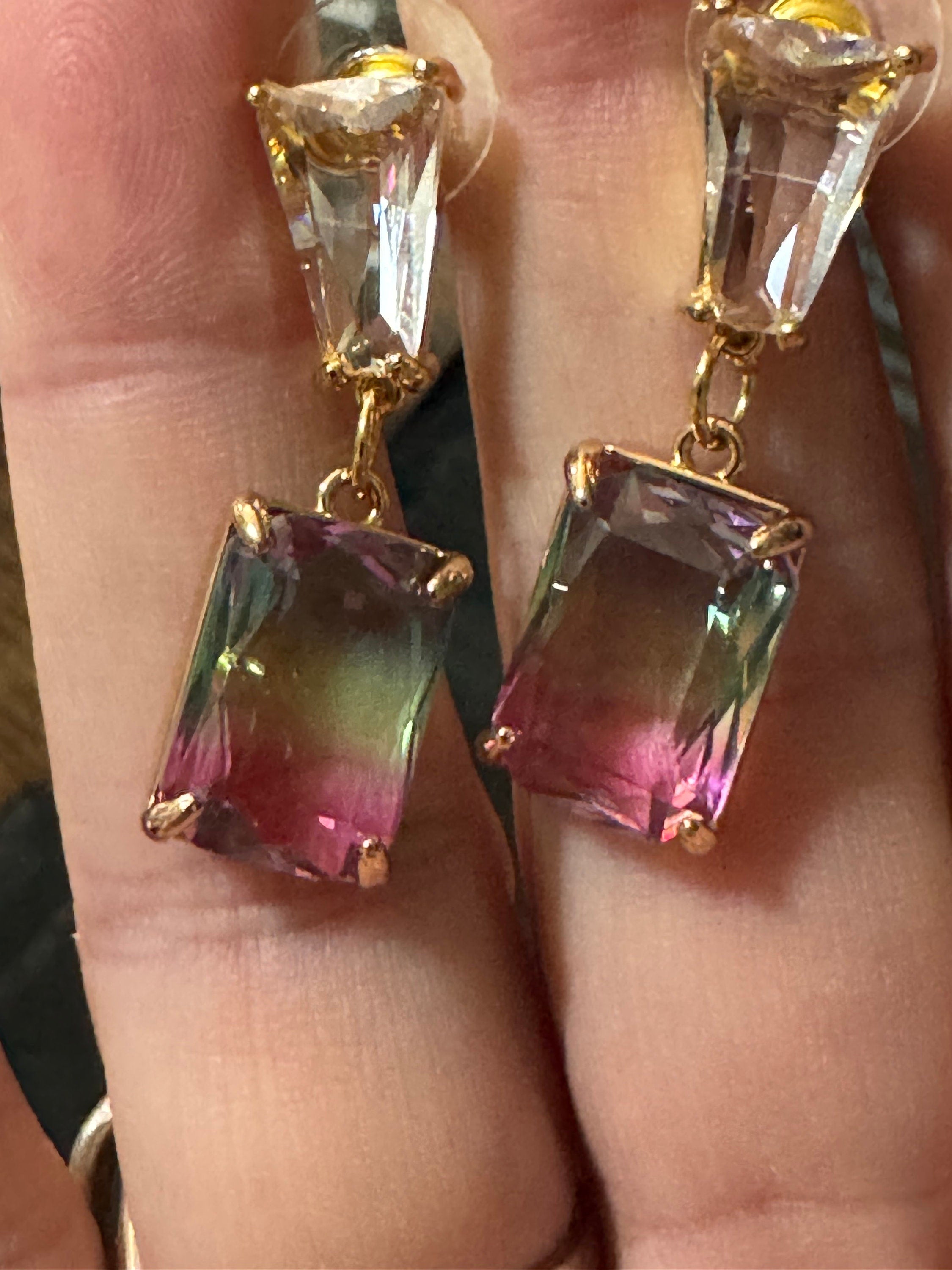 Clear and iris rainbow crystal diamanté earrings for pierced ears Gold plated