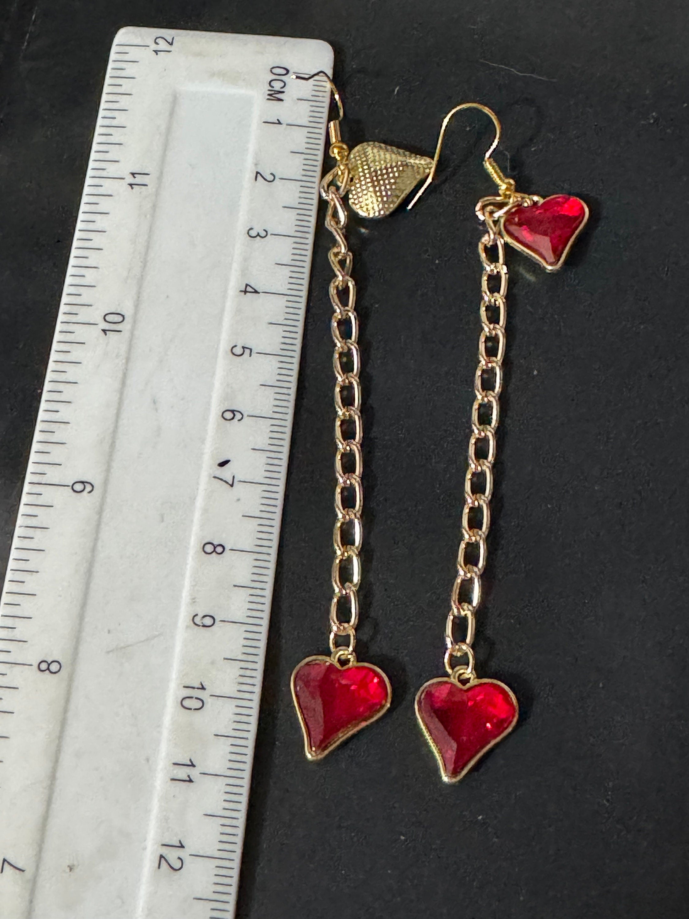 Shoulder grazer 18k gold plated bright red valentines love heart crystal diamanté ornate clover long 10.5cm drop charm earrings