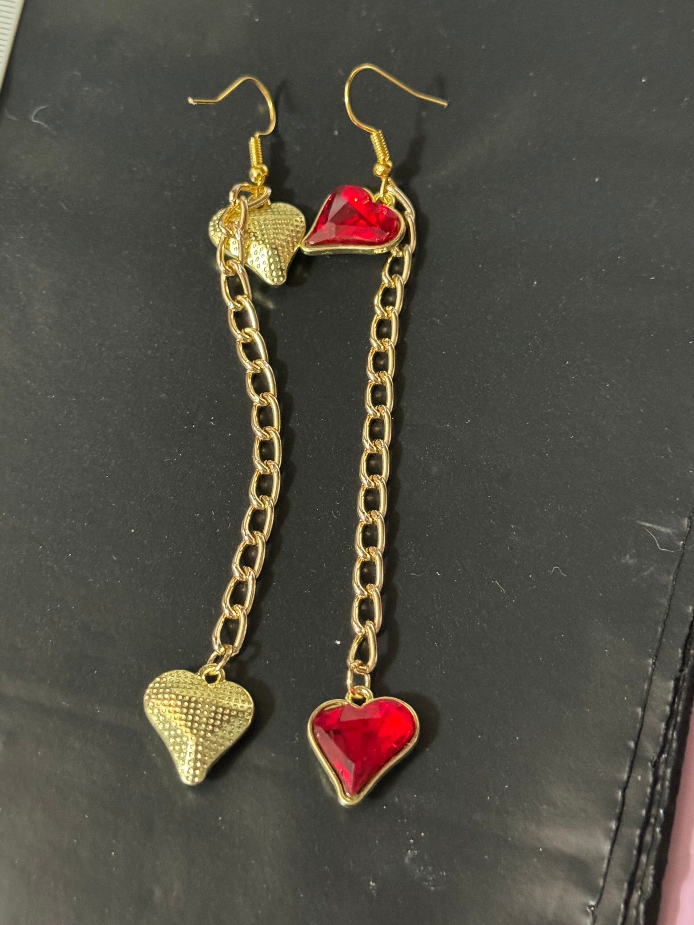Shoulder grazer 18k gold plated bright red valentines love heart crystal diamanté ornate clover long 10.5cm drop charm earrings