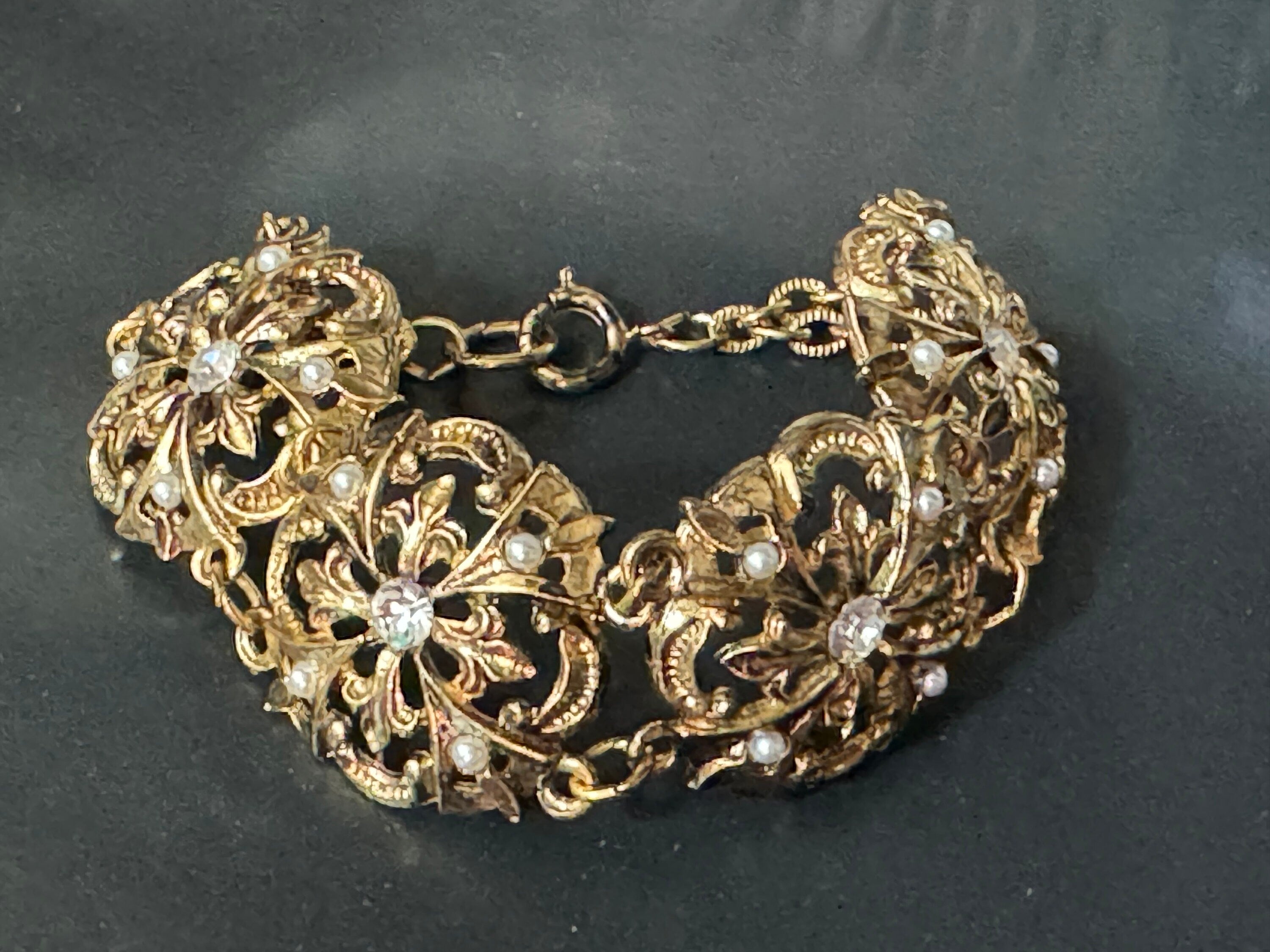 True Vintage diamanté panel link bangle bracelet 20cm old shop stock gold brass pressed metal