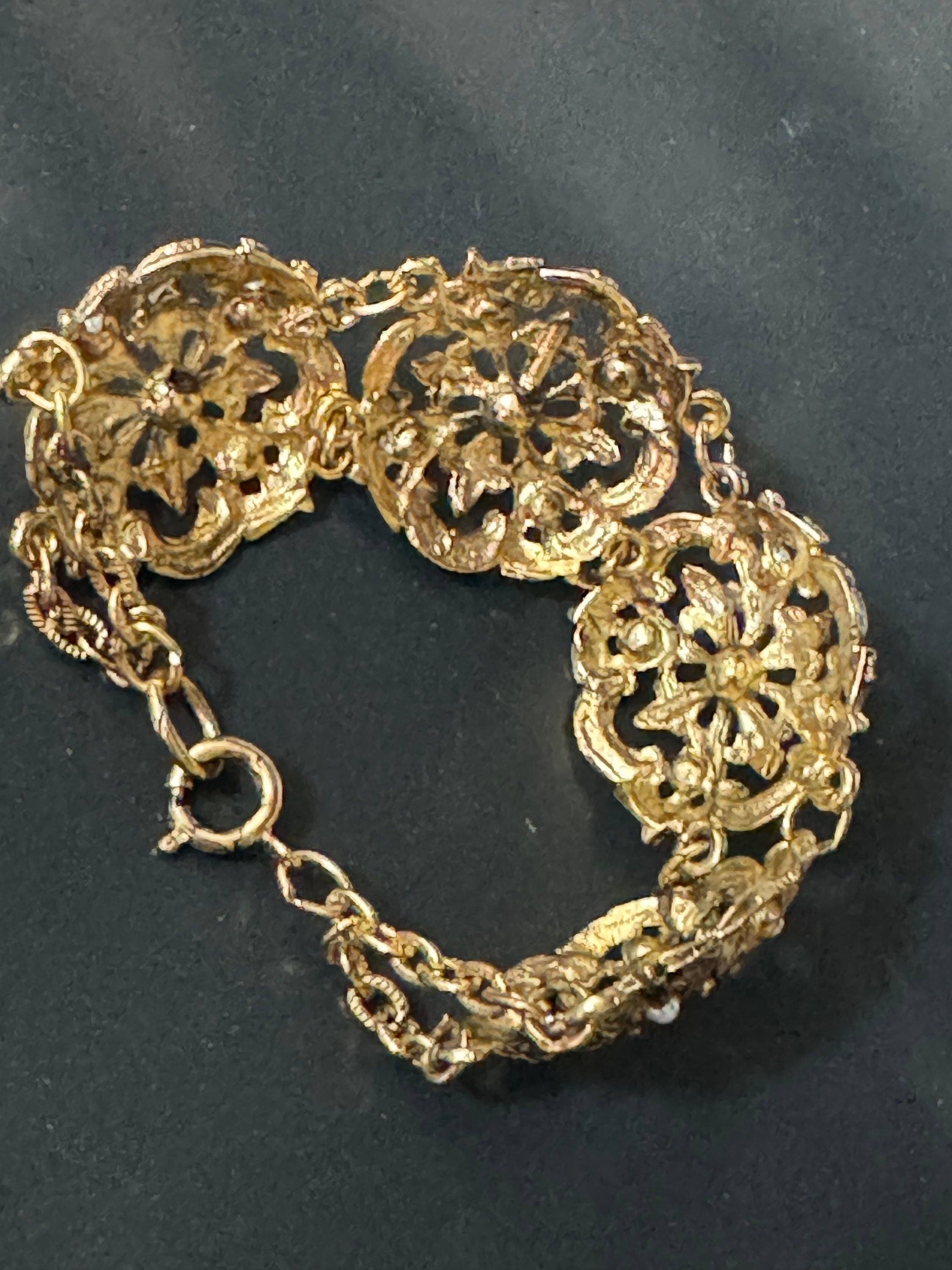 True Vintage diamanté panel link bangle bracelet 20cm old shop stock gold brass pressed metal