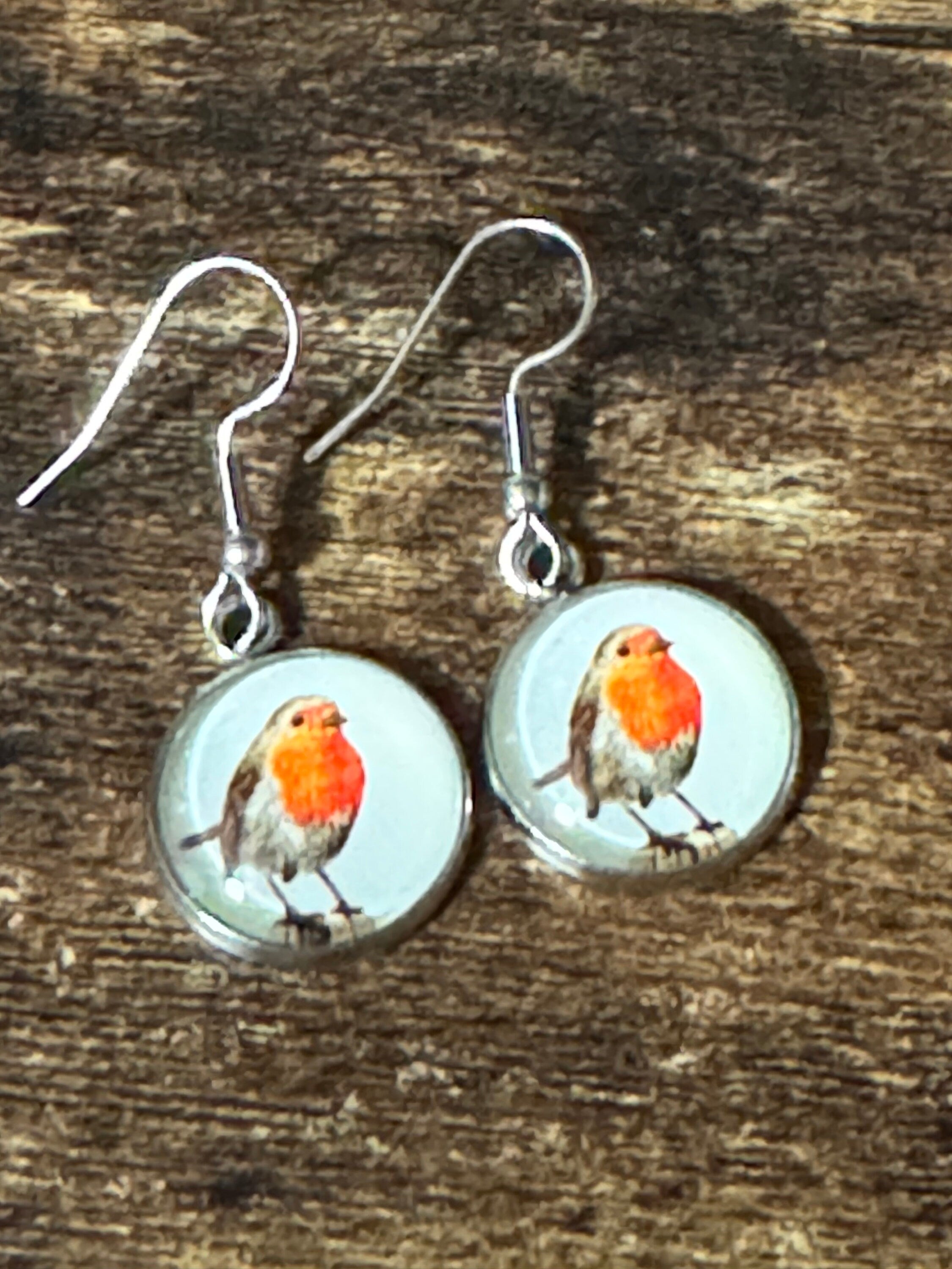 16mm Garden bird Robin redbreast stainless steel drop earrings silver