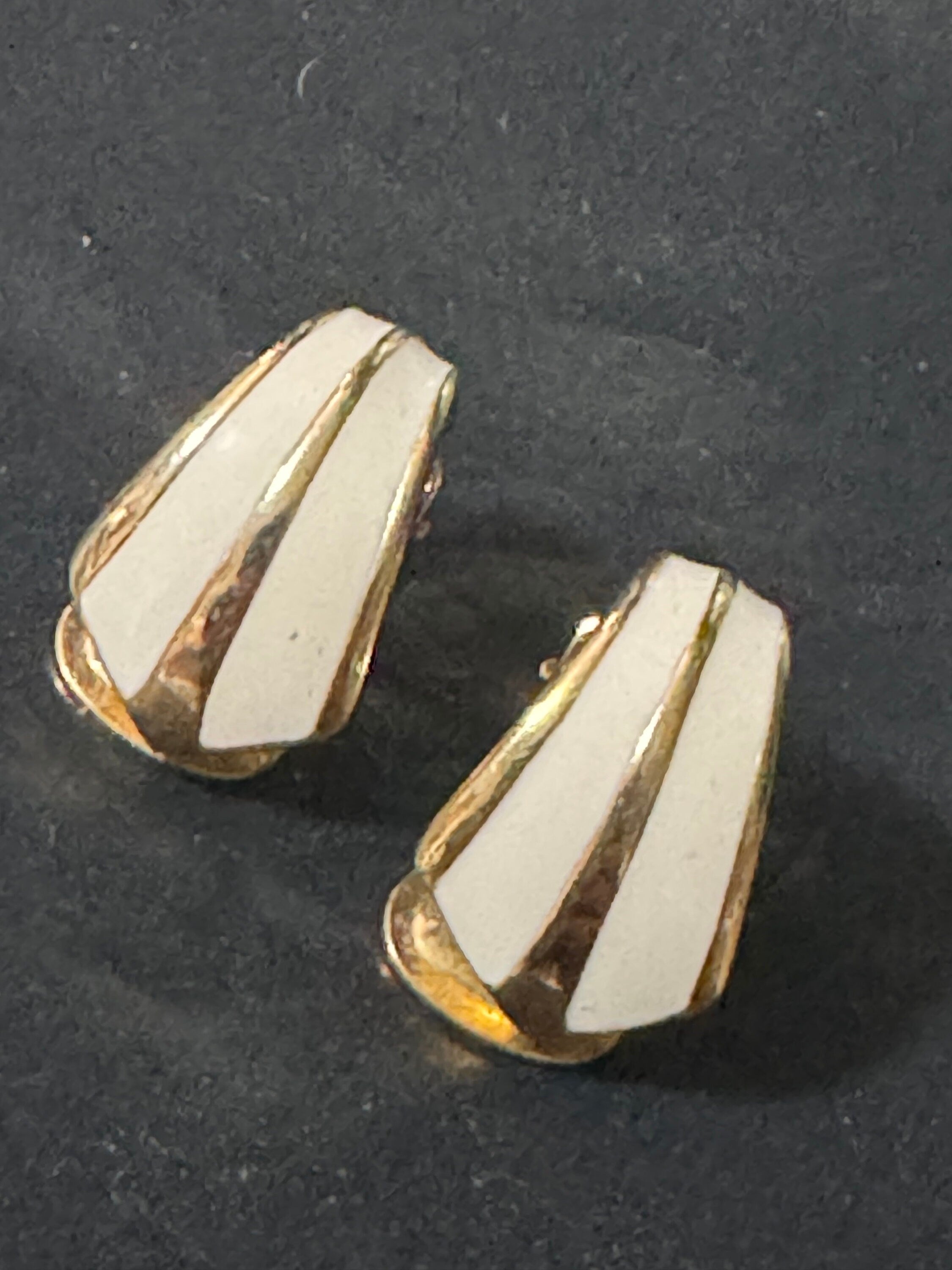 Vintage Gold tone off white gold enamel clip on earrings
