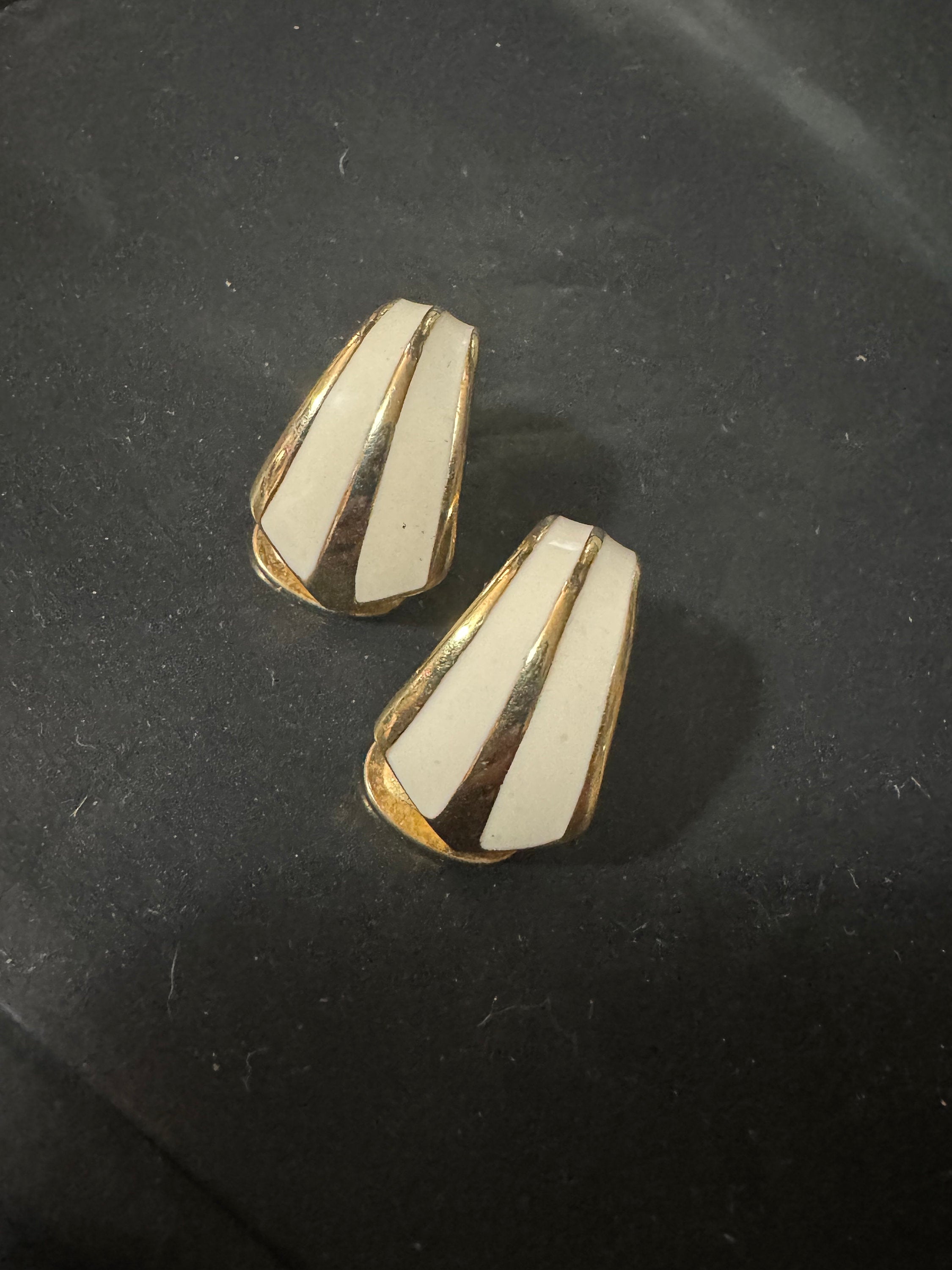 Vintage Gold tone off white gold enamel clip on earrings